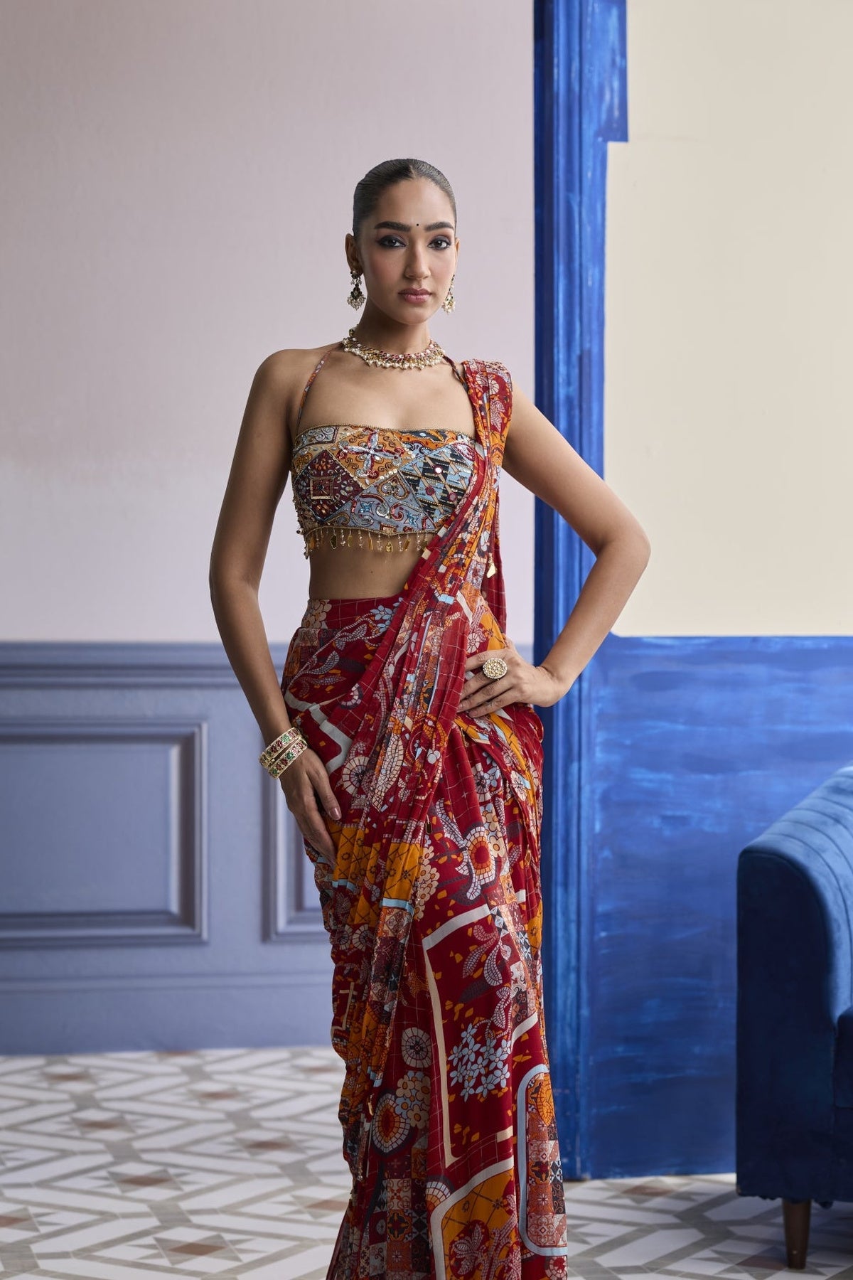 Rust Mosaic Blouse With Pre-Draped Panelled Saree Set