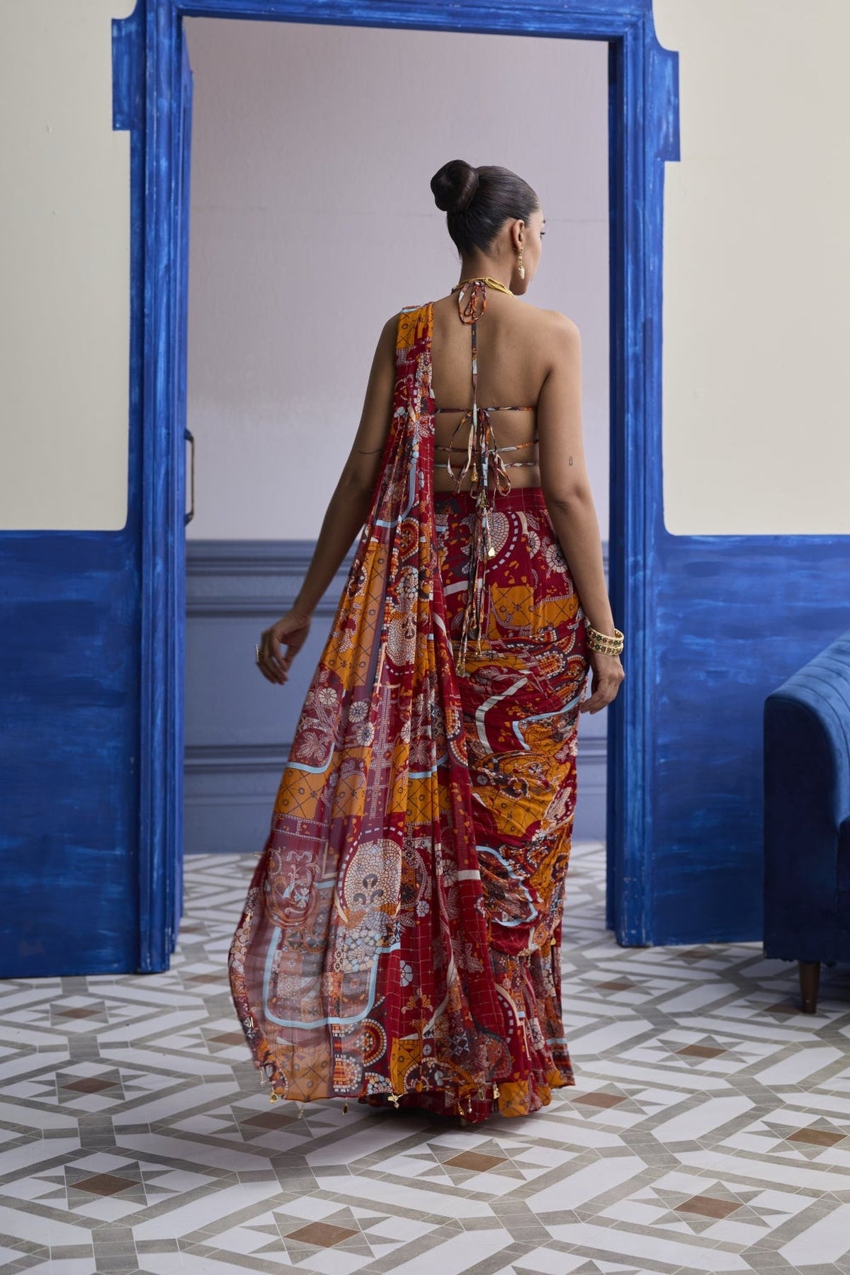 Rust Mosaic Blouse With Pre-Draped Panelled Saree Set