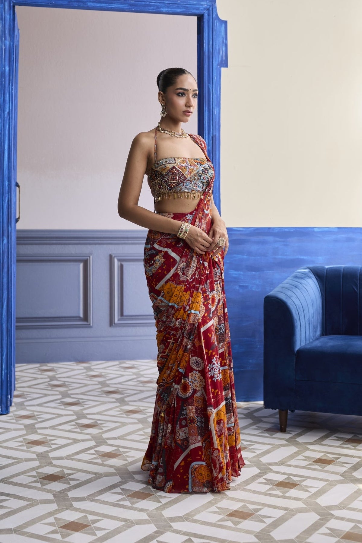 Rust Mosaic Blouse With Pre-Draped Panelled Saree Set