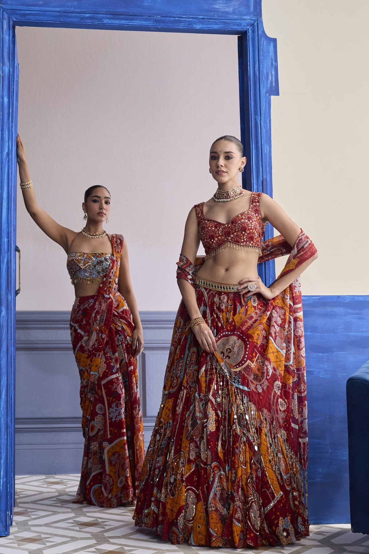 Rust Mosaic Blouse With Pre-Draped Panelled Saree Set