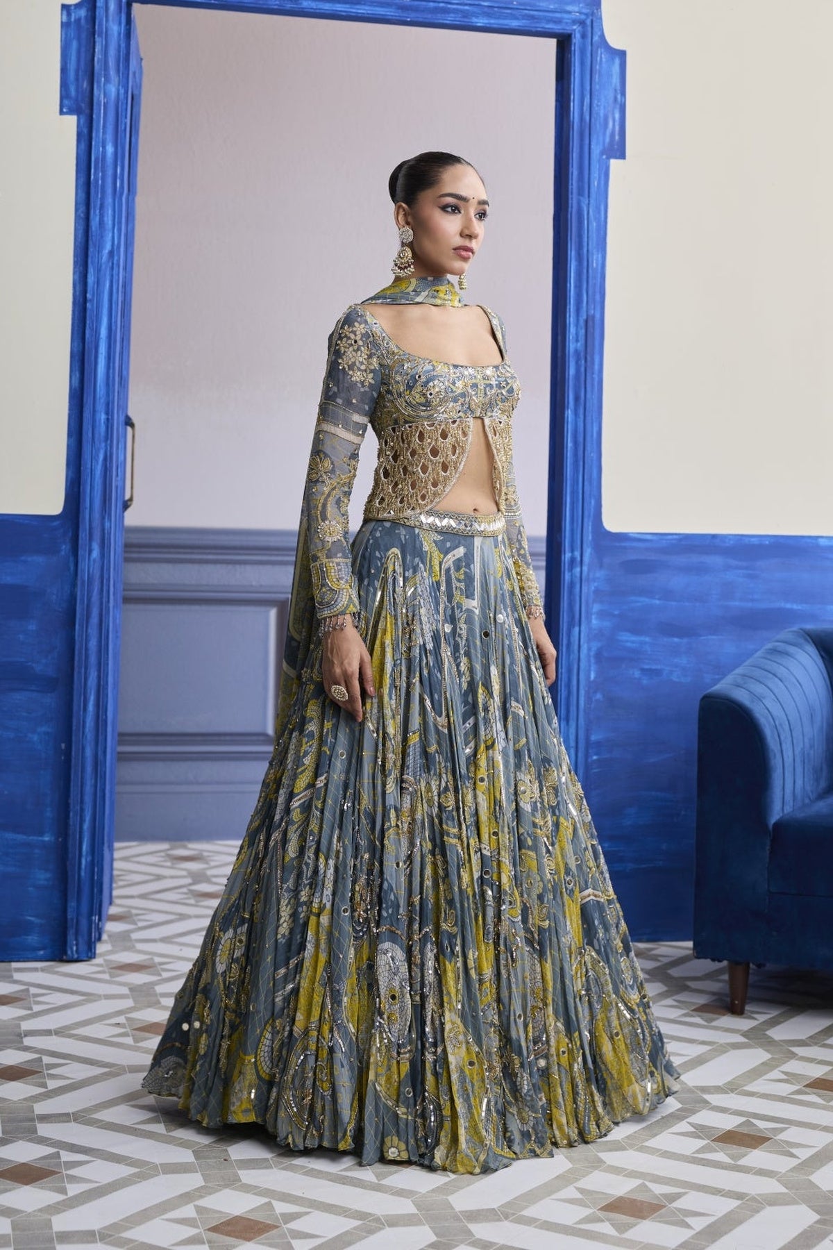 Grey Mosaic Scallop Cutwork Blouse With Highlighted Lehenga & Tassel Dupatta Set