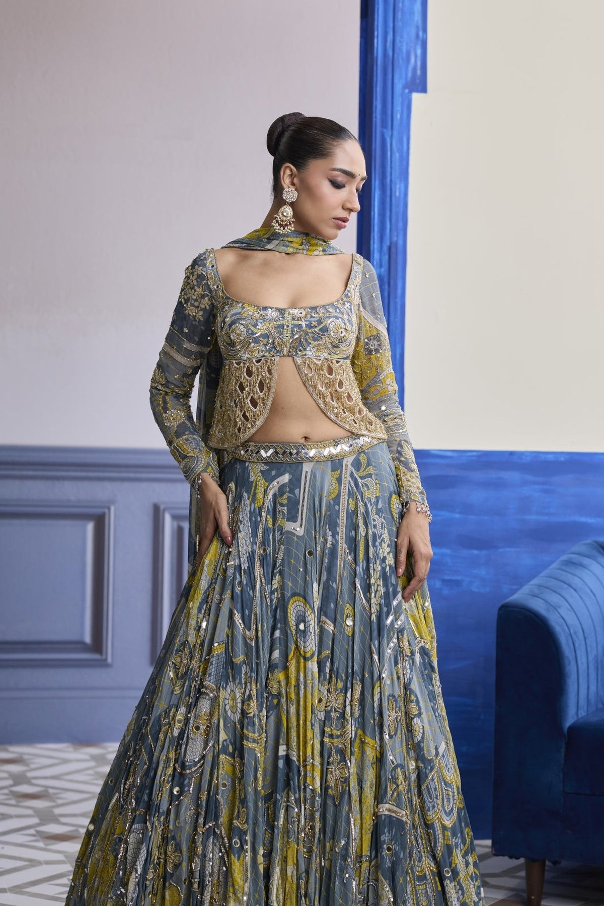 Grey Mosaic Scallop Cutwork Blouse With Highlighted Lehenga & Tassel Dupatta Set