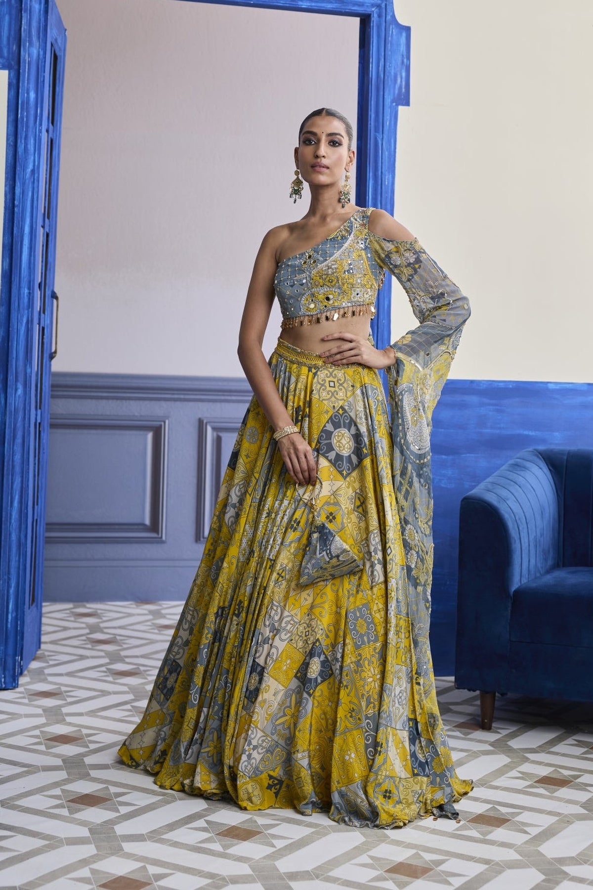 Yellow Mosaic One-Shoulder Blouse With Printed Lehenga Set