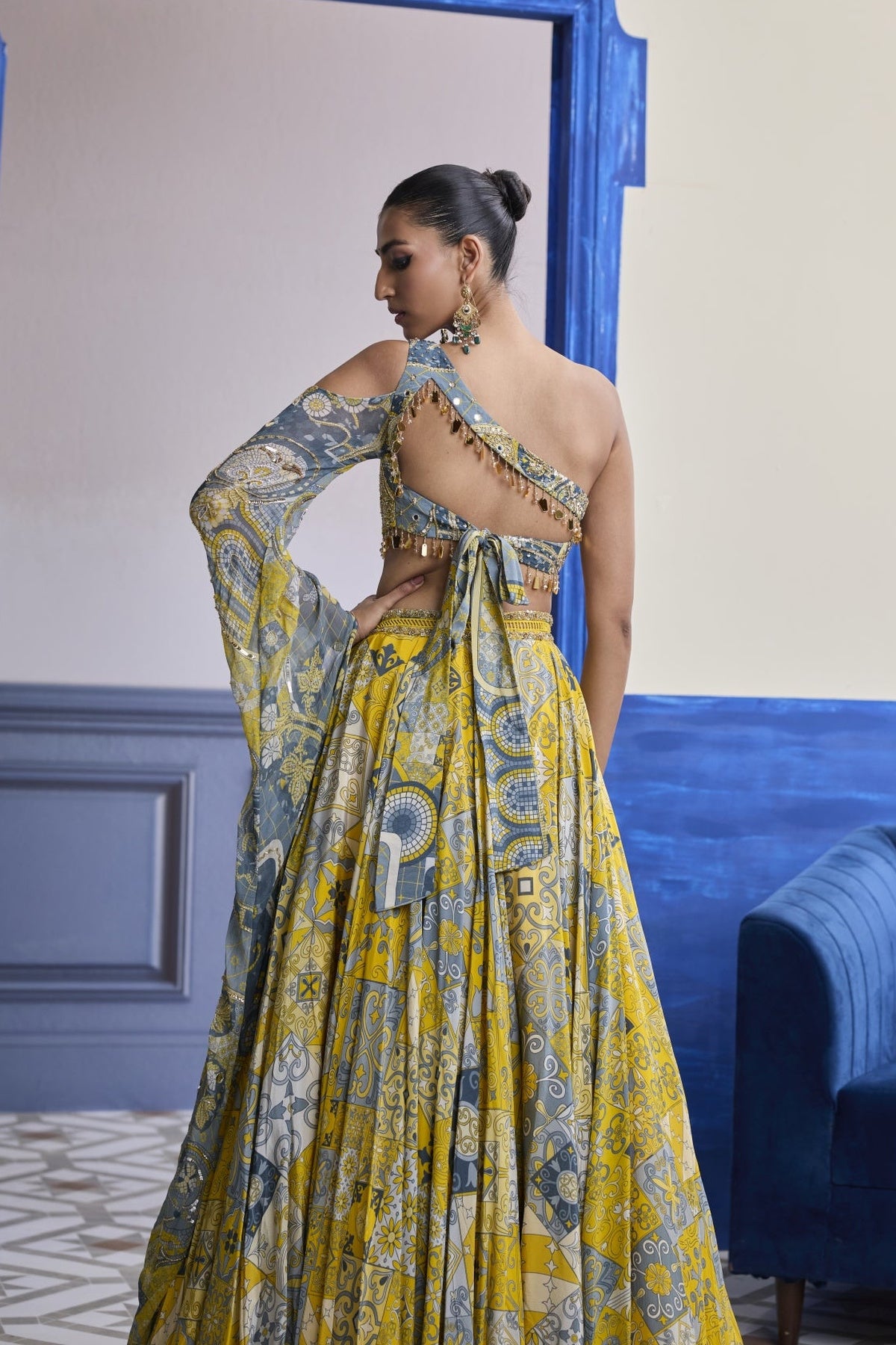 Yellow Mosaic One-Shoulder Blouse With Printed Lehenga Set