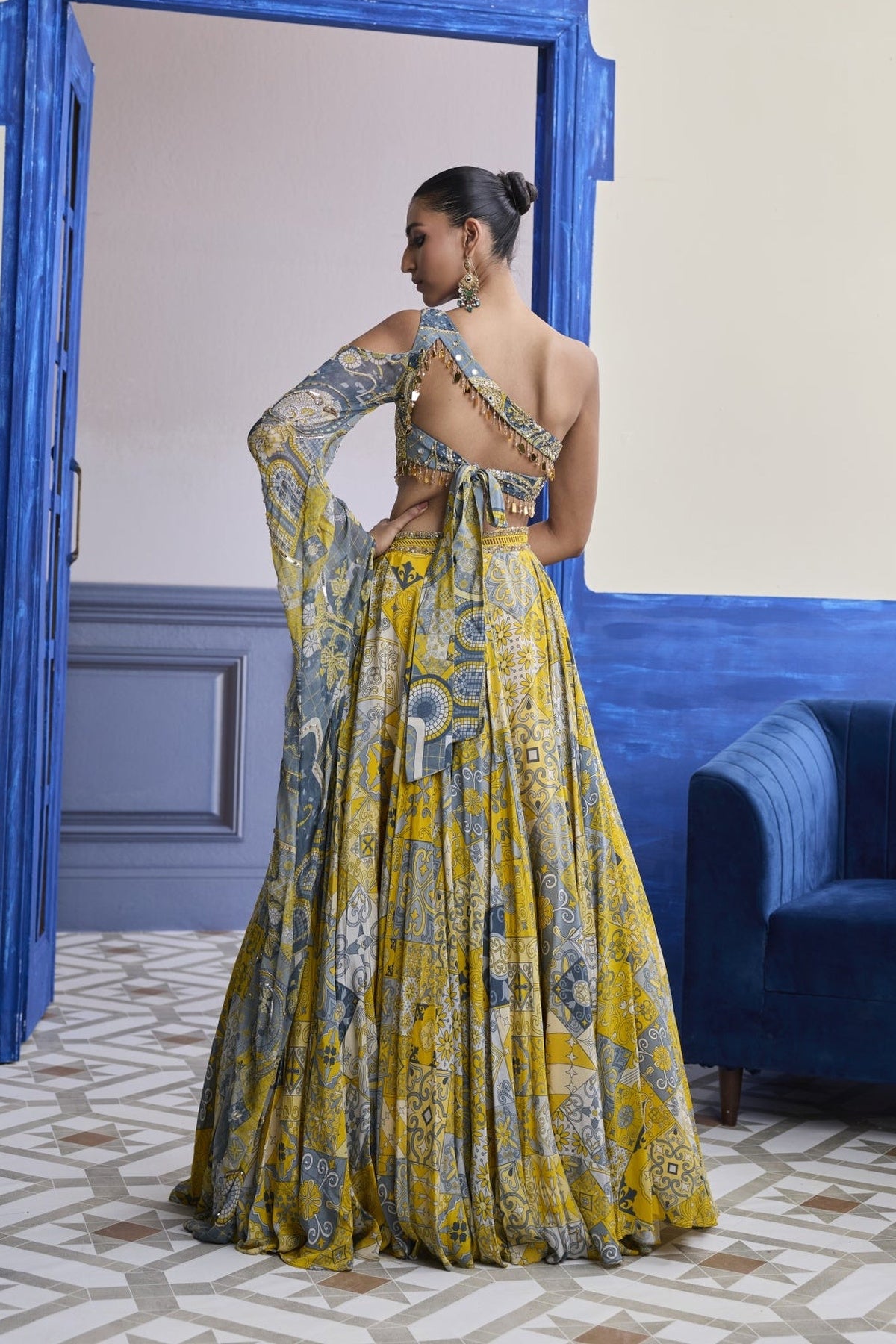 Yellow Mosaic One-Shoulder Blouse With Printed Lehenga Set