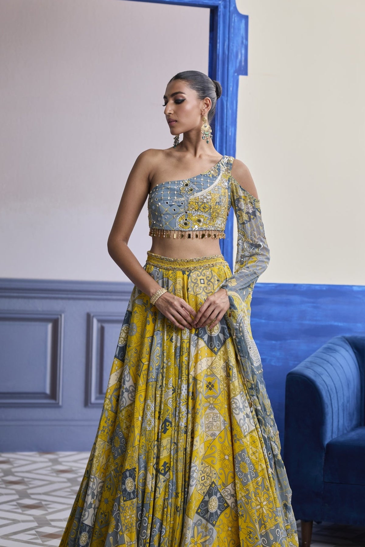 Yellow Mosaic One-Shoulder Blouse With Printed Lehenga Set