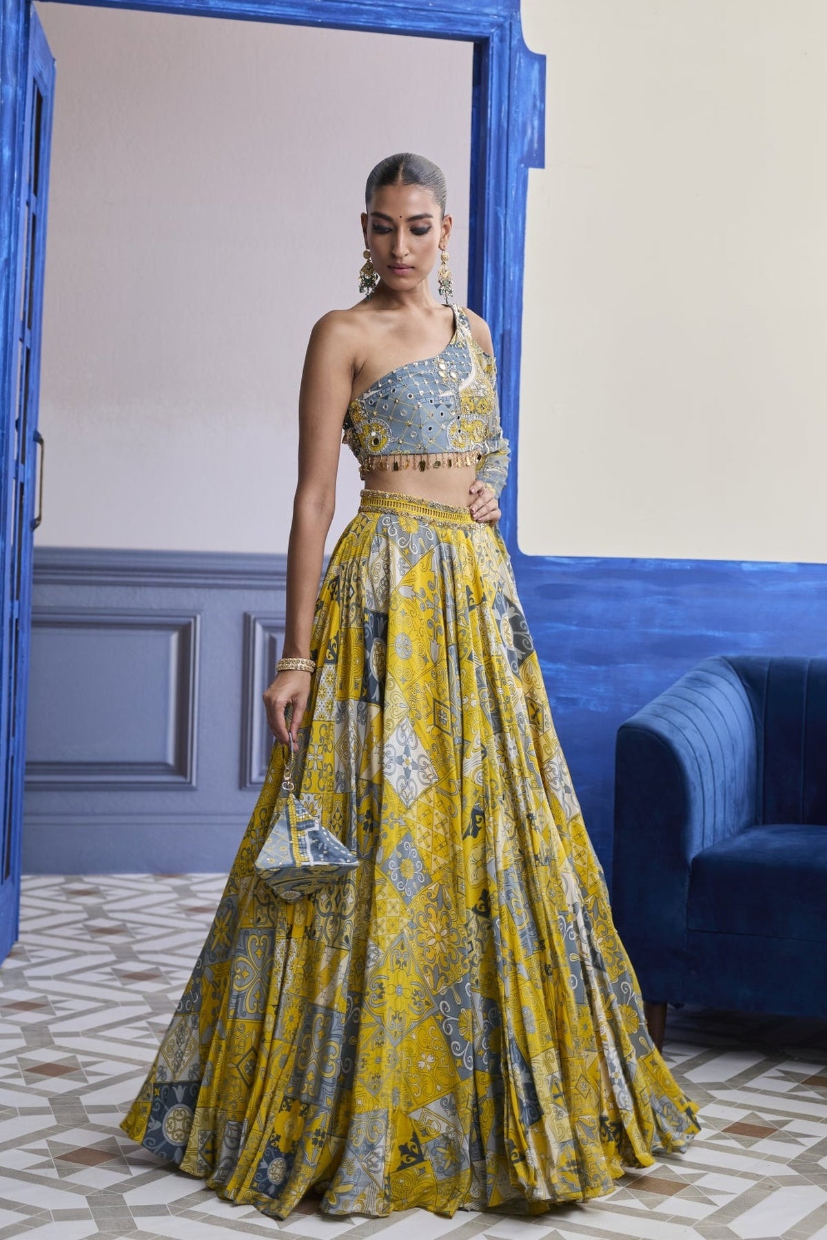 Yellow Mosaic One-Shoulder Blouse With Printed Lehenga Set