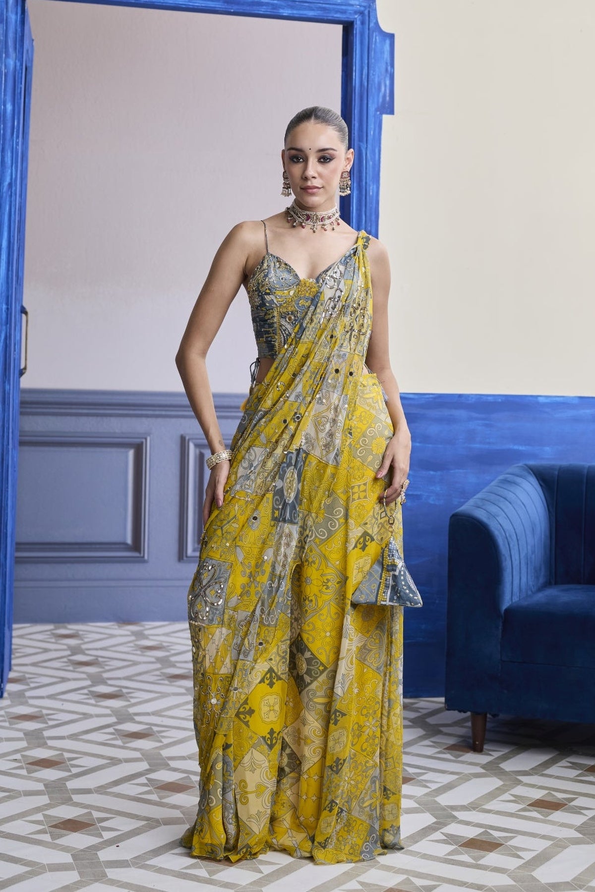 Yellow Grey Mosaic Ruched Corset With Drape Sharara Saree Set