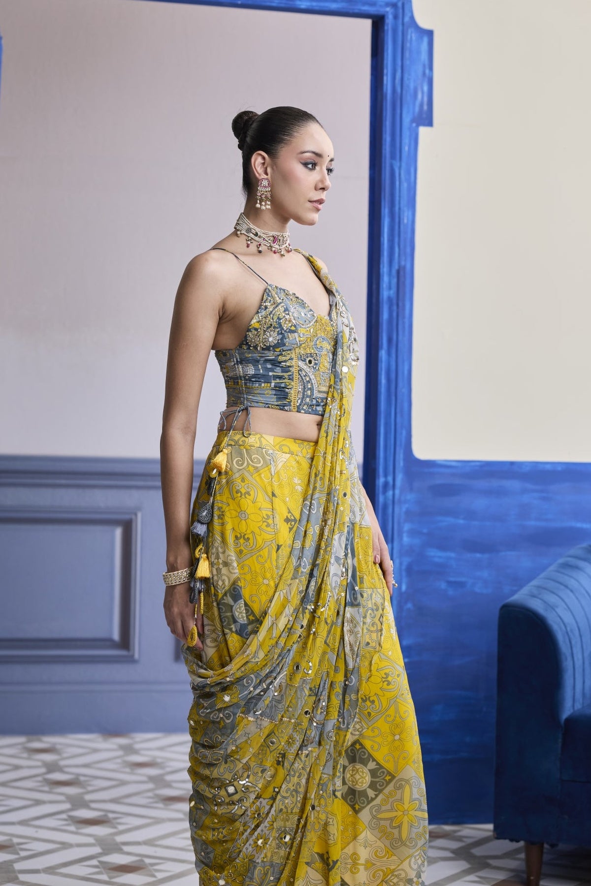 Yellow Grey Mosaic Ruched Corset With Drape Sharara Saree Set