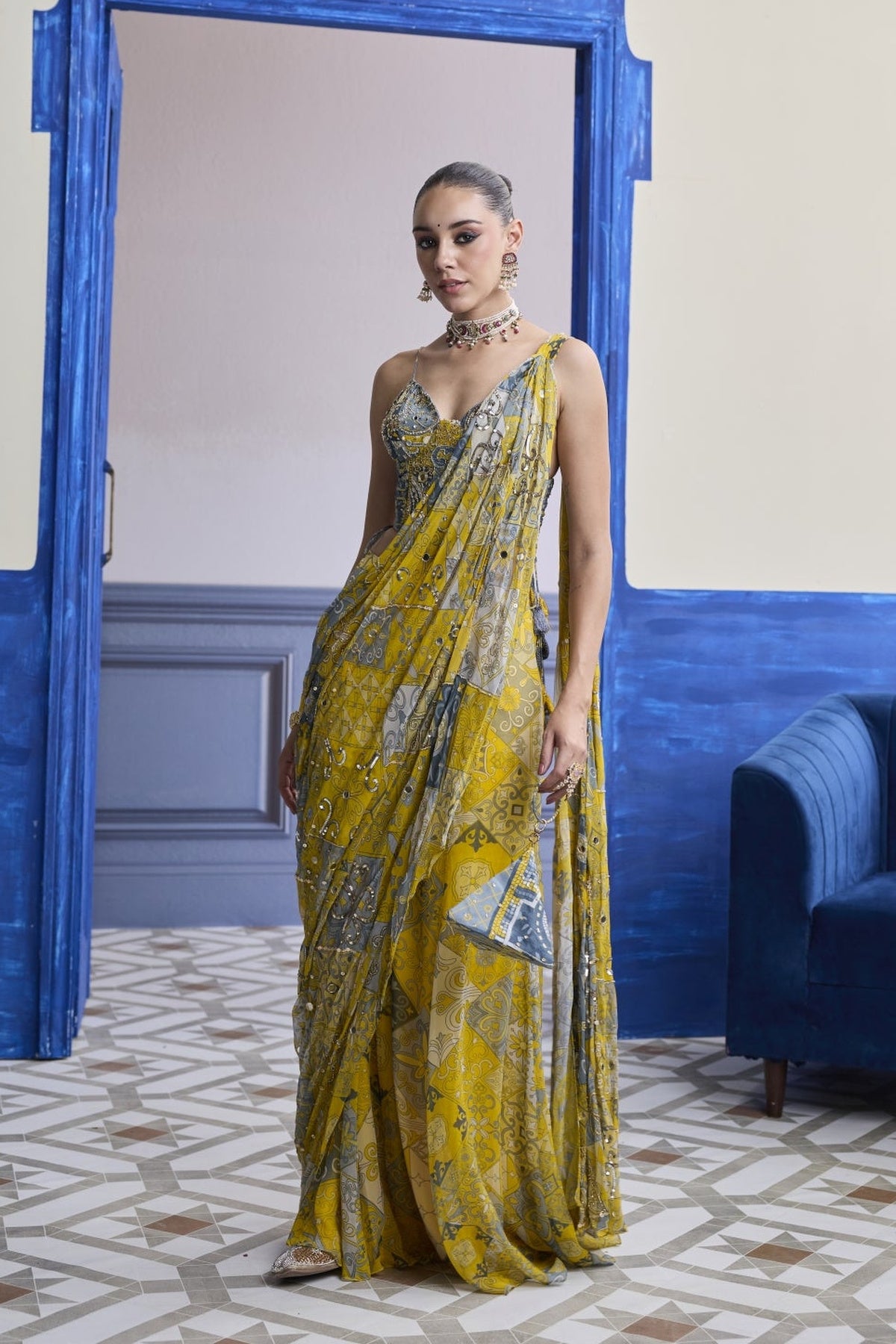Yellow Grey Mosaic Ruched Corset With Drape Sharara Saree Set