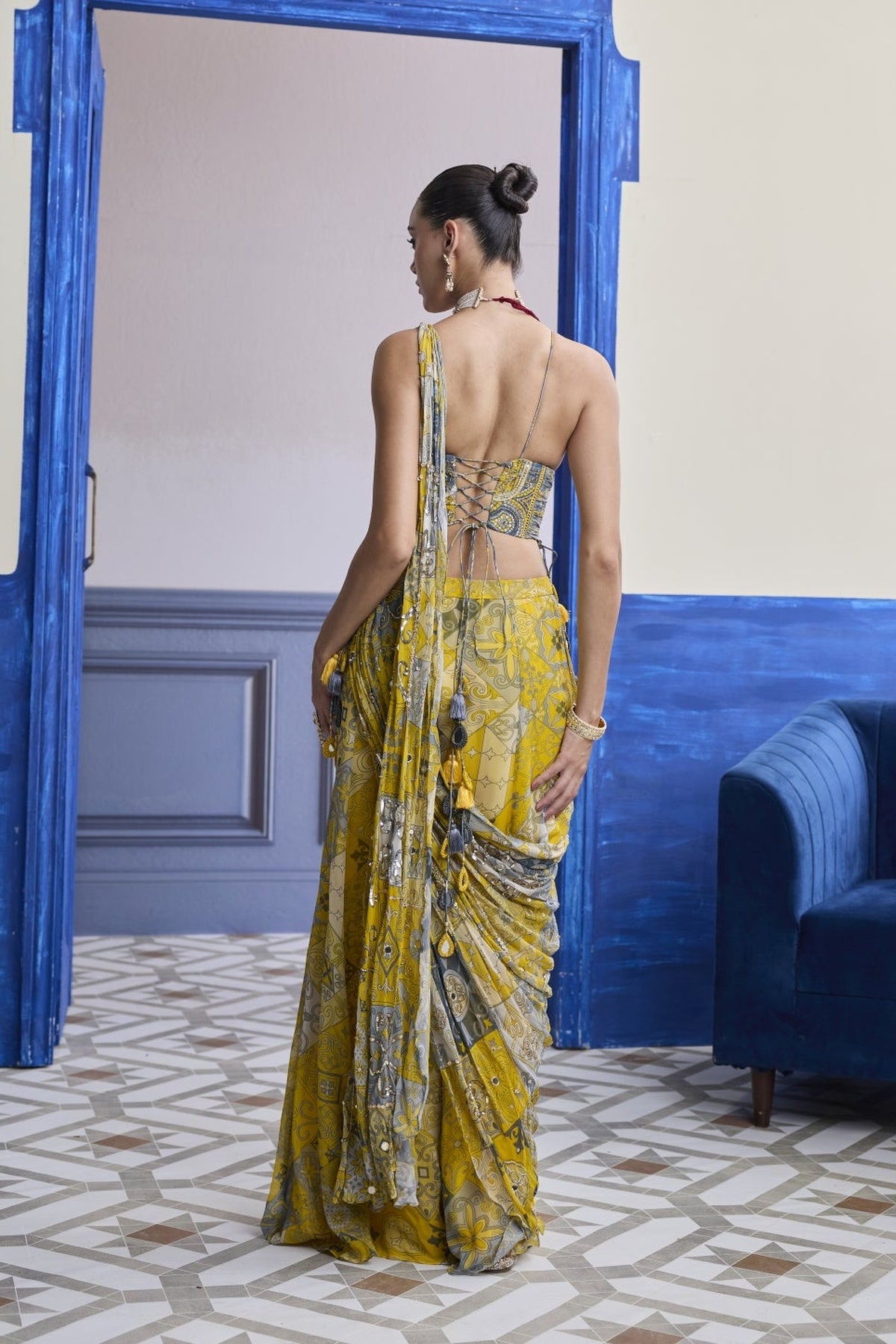Yellow Grey Mosaic Ruched Corset With Drape Sharara Saree Set