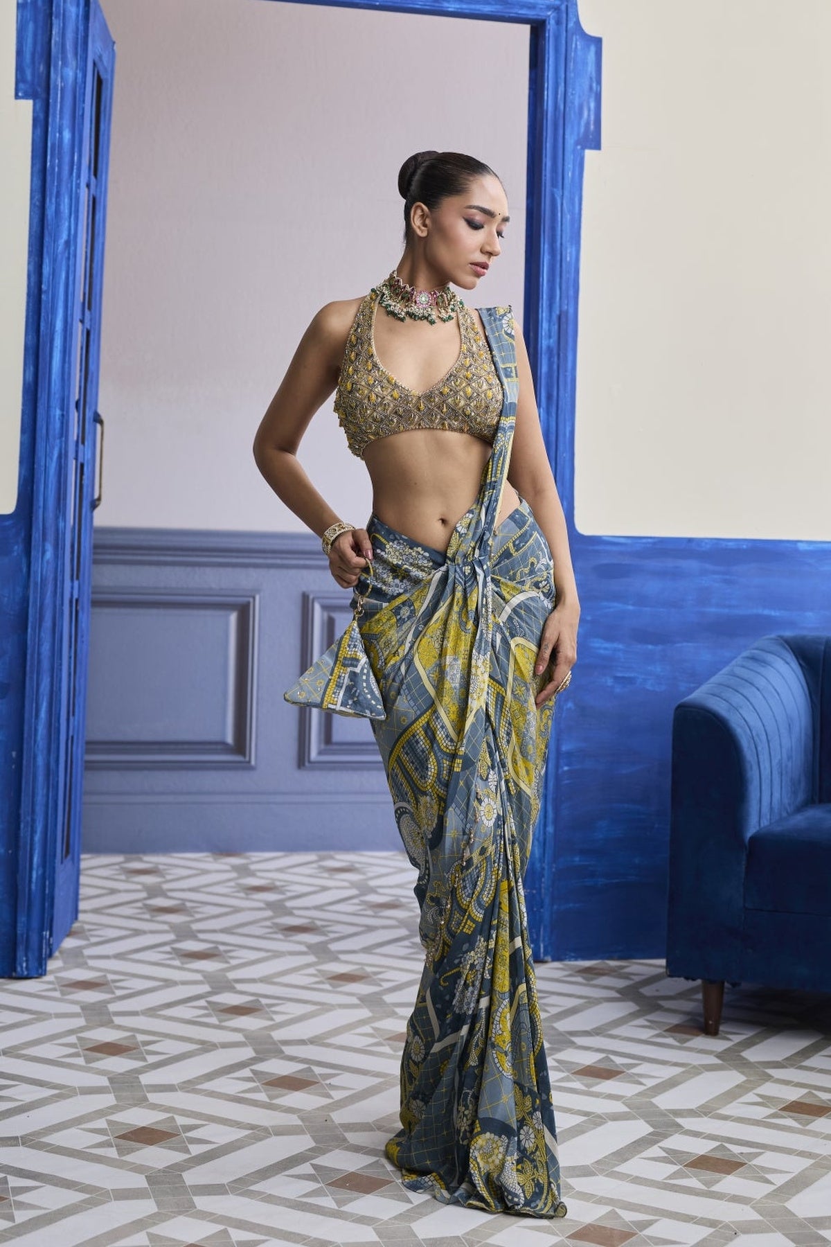 Grey & Yellow Geometric Halter Blouse With Dhoti Skirt Saree Set