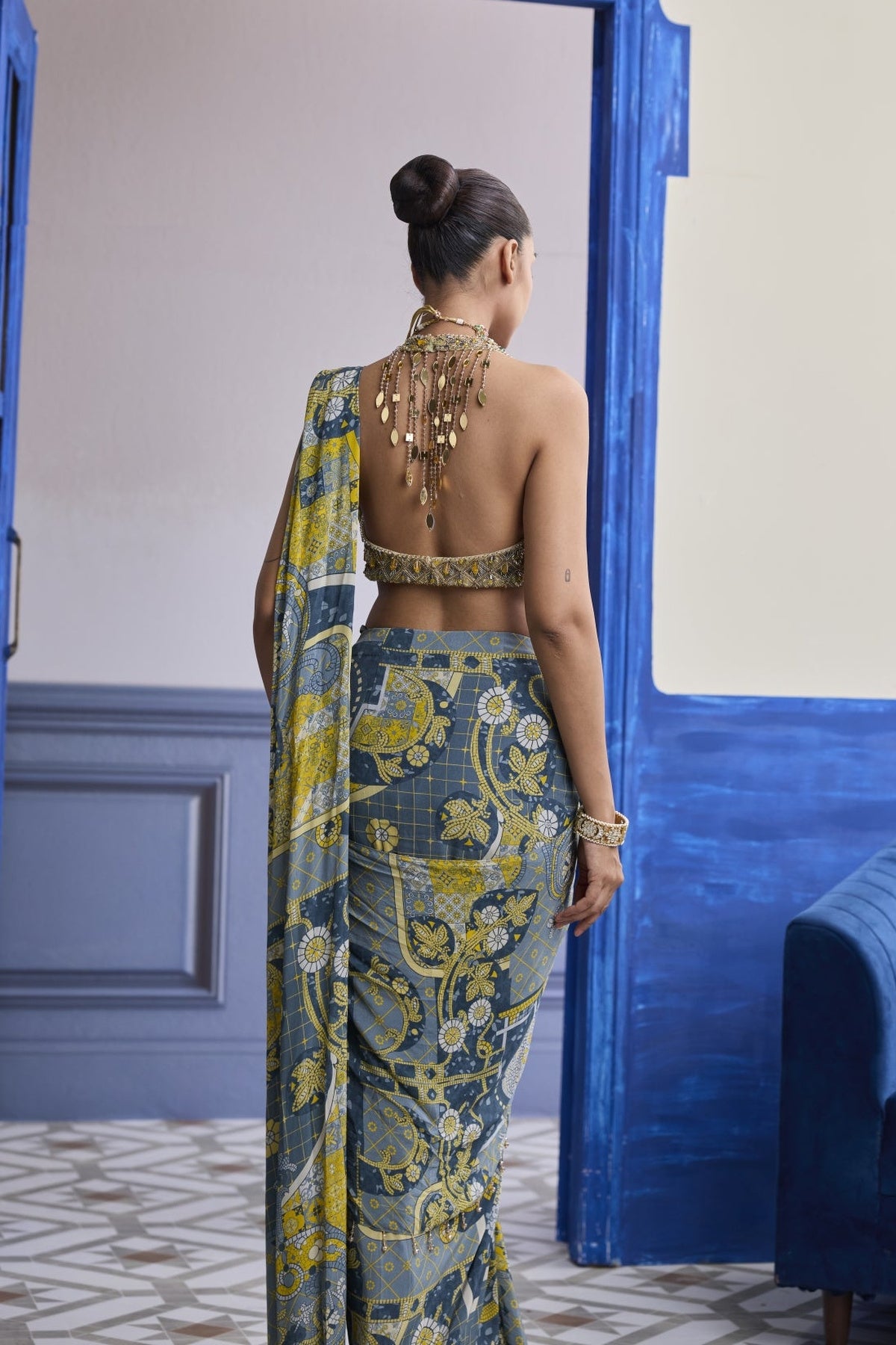 Grey & Yellow Geometric Halter Blouse With Dhoti Skirt Saree Set