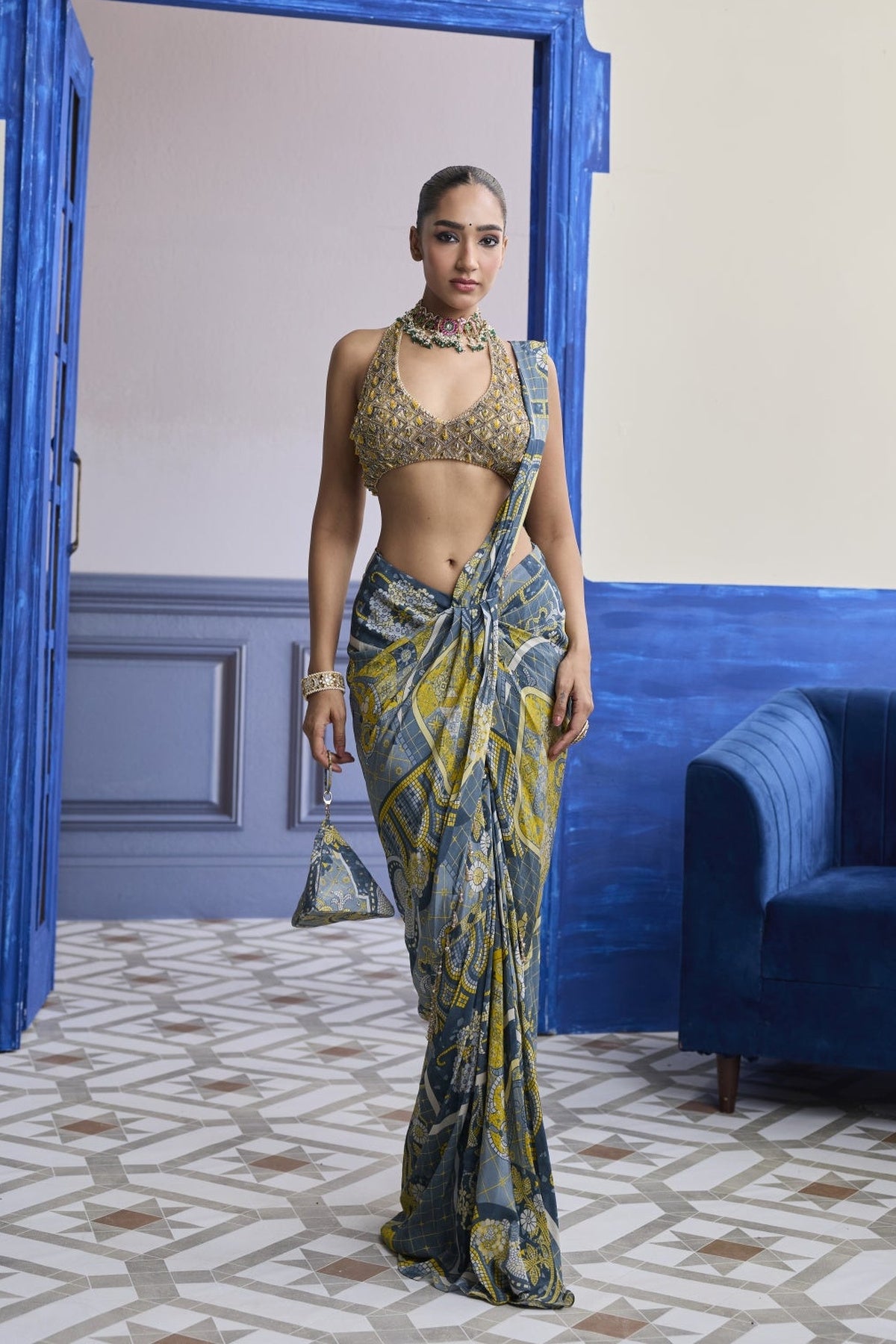 Grey & Yellow Geometric Halter Blouse With Dhoti Skirt Saree Set