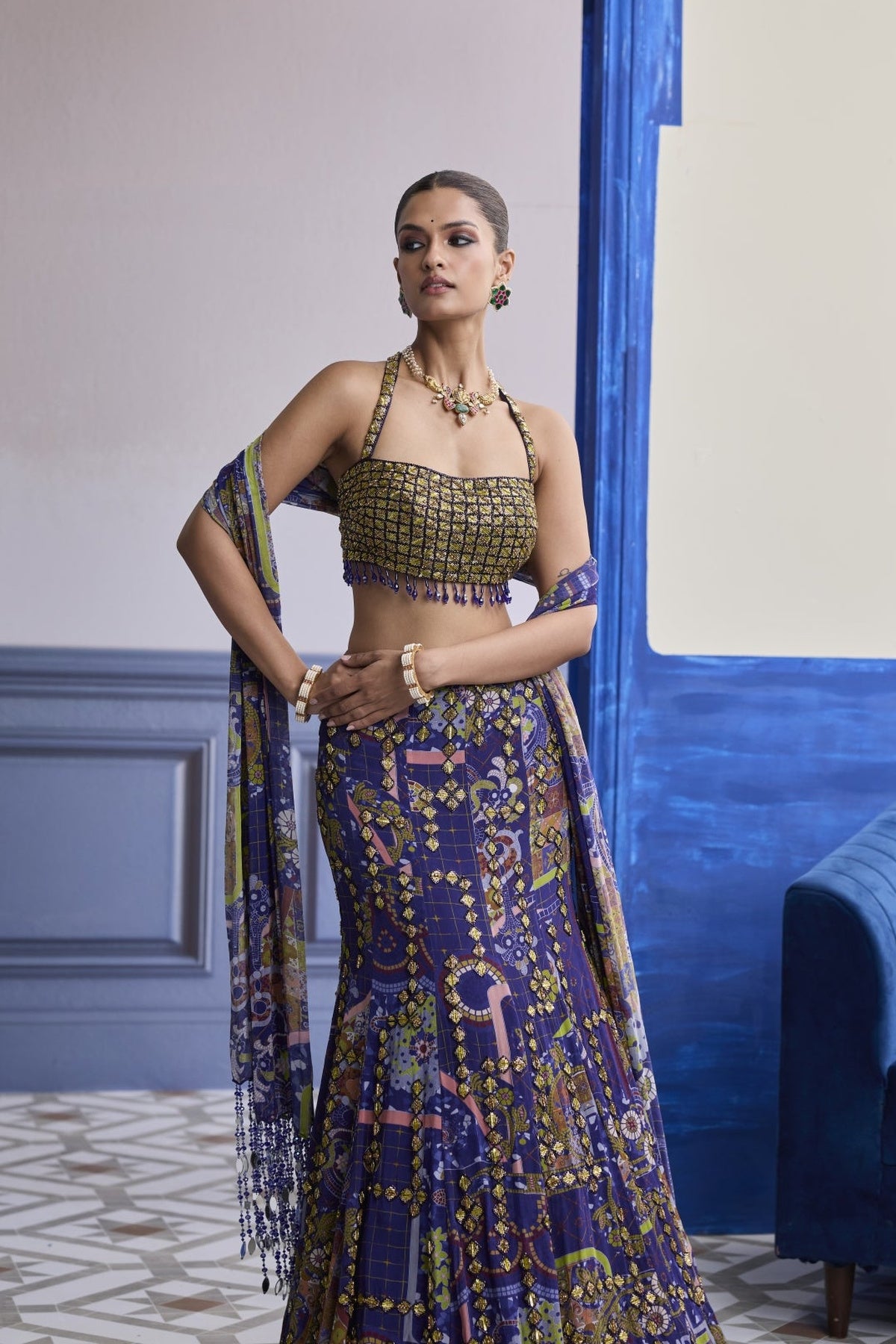 Neon Green Embroidered Blouse With Mermaid Skirt & Tassel Dupatta Set