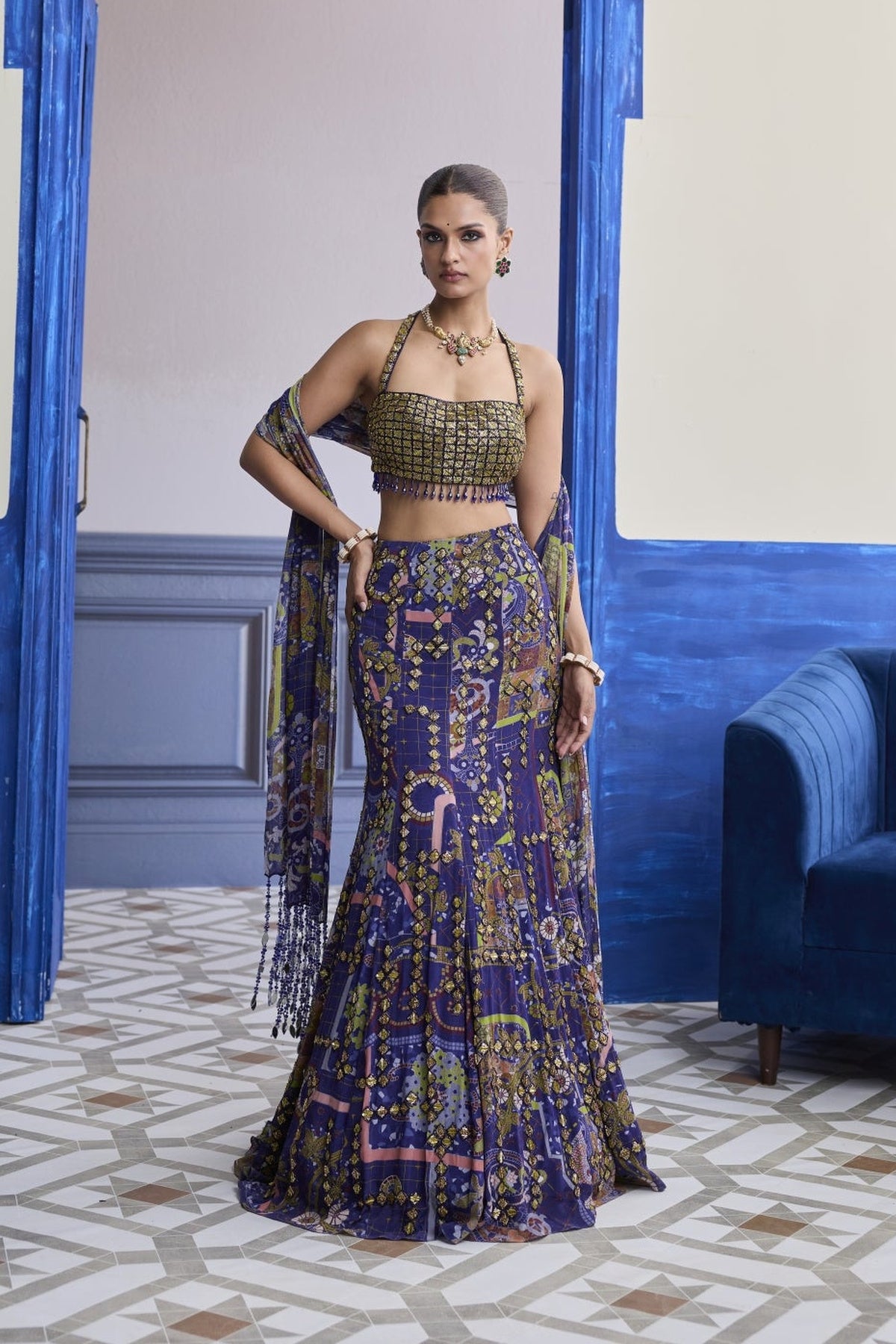 Neon Green Embroidered Blouse With Mermaid Skirt & Tassel Dupatta Set