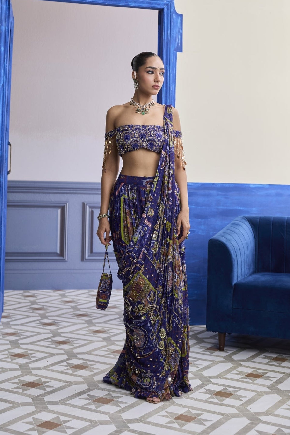 Violet Mosaic Off-Shoulder Blouse With Drape Tiered Skirt Saree Set