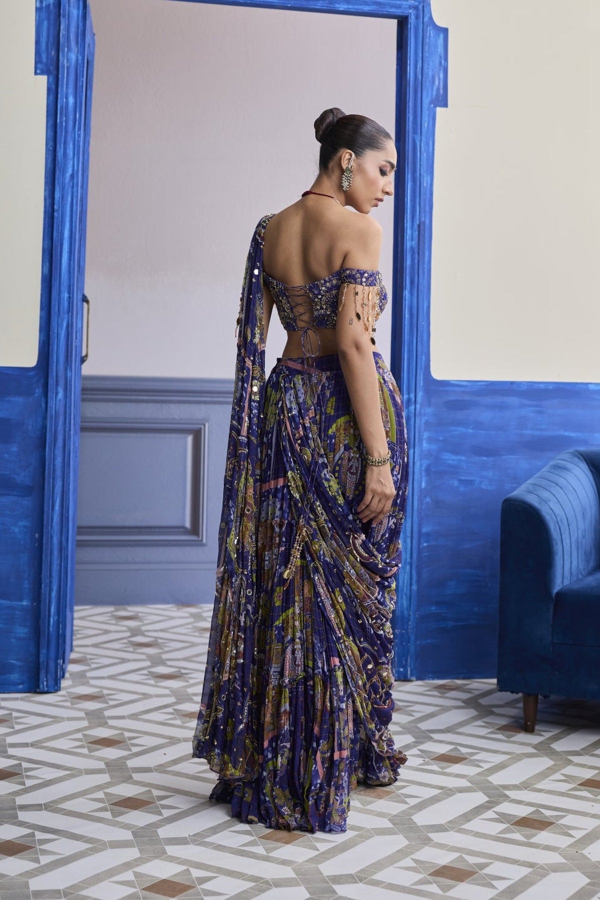 Violet Mosaic Off-Shoulder Blouse With Drape Tiered Skirt Saree Set