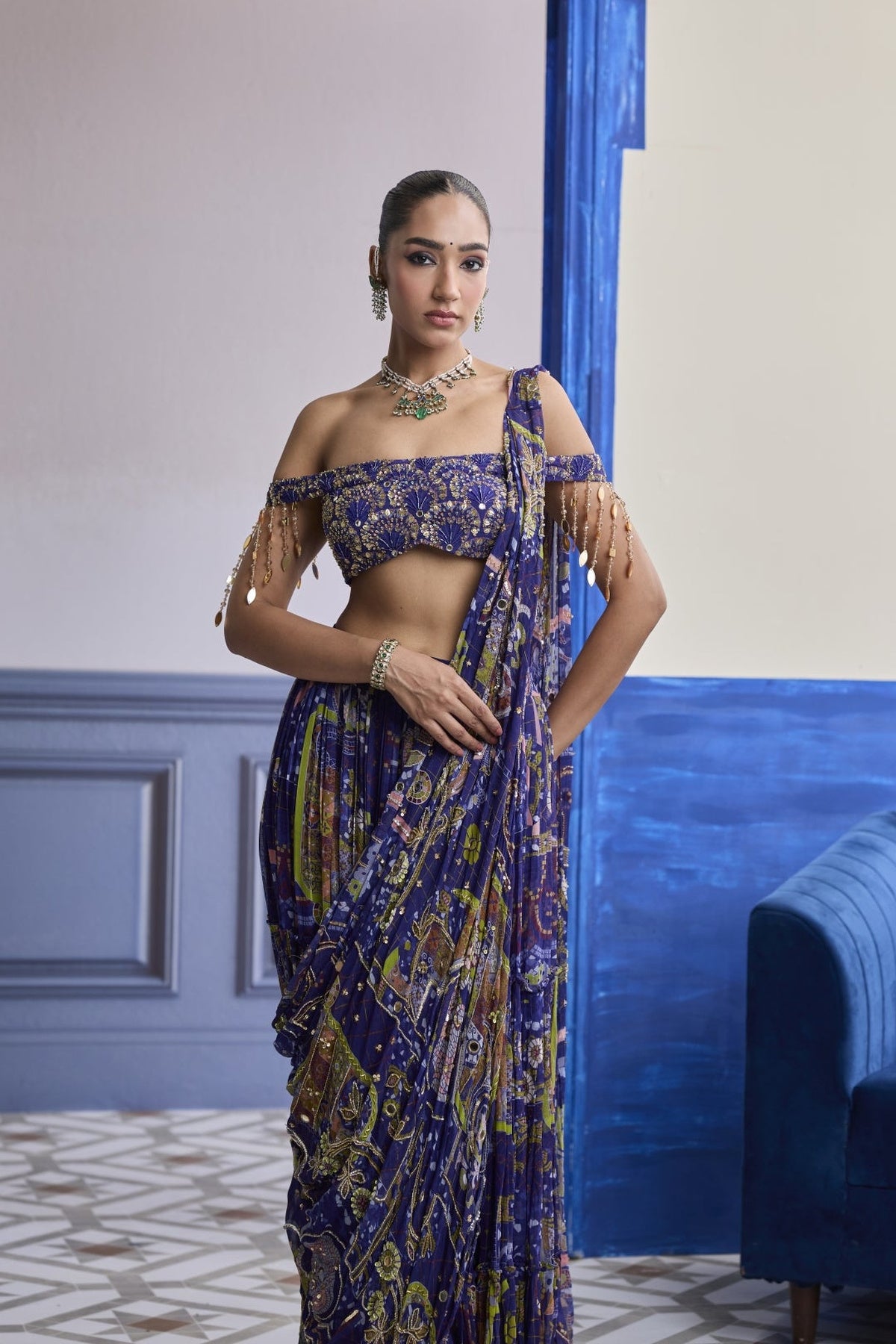 Violet Mosaic Off-Shoulder Blouse With Drape Tiered Skirt Saree Set