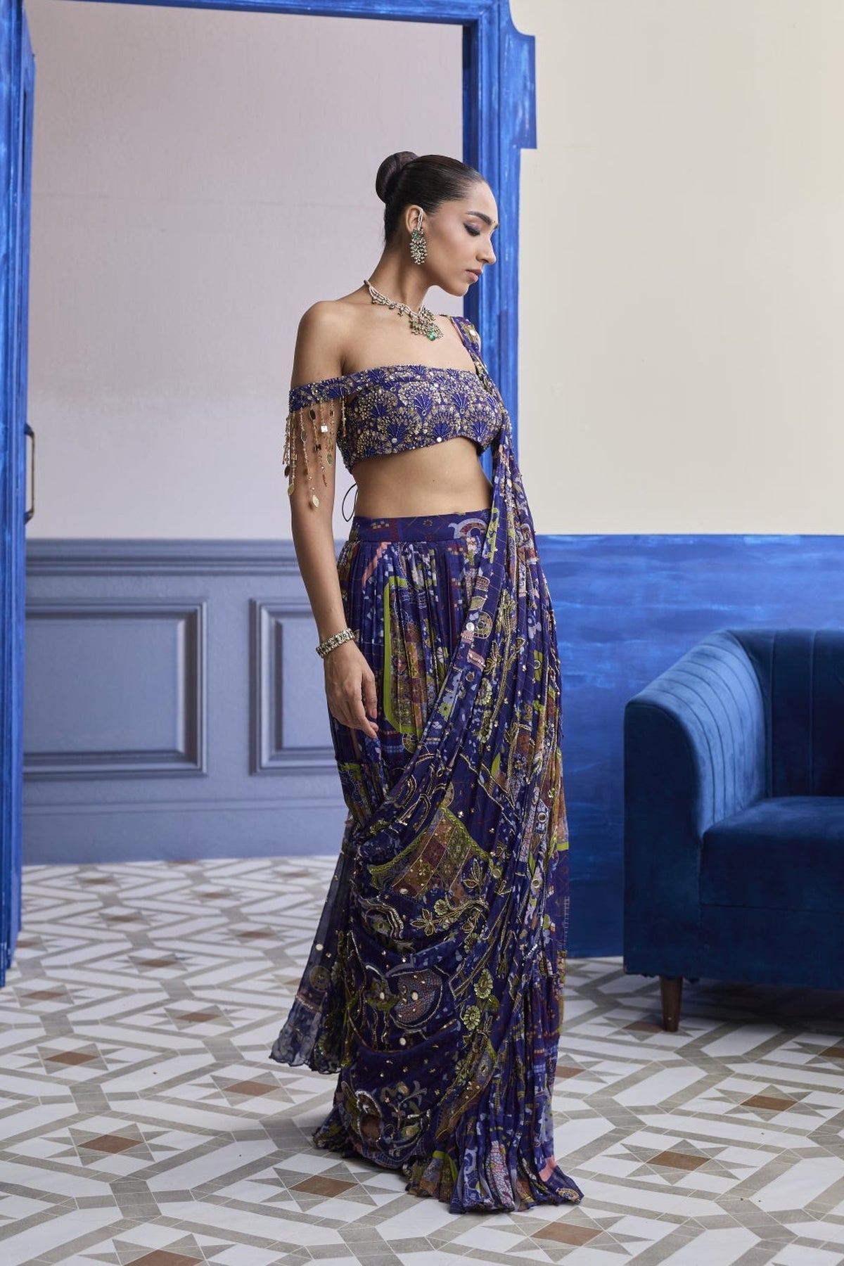 Violet Mosaic Off-Shoulder Blouse With Drape Tiered Skirt Saree Set