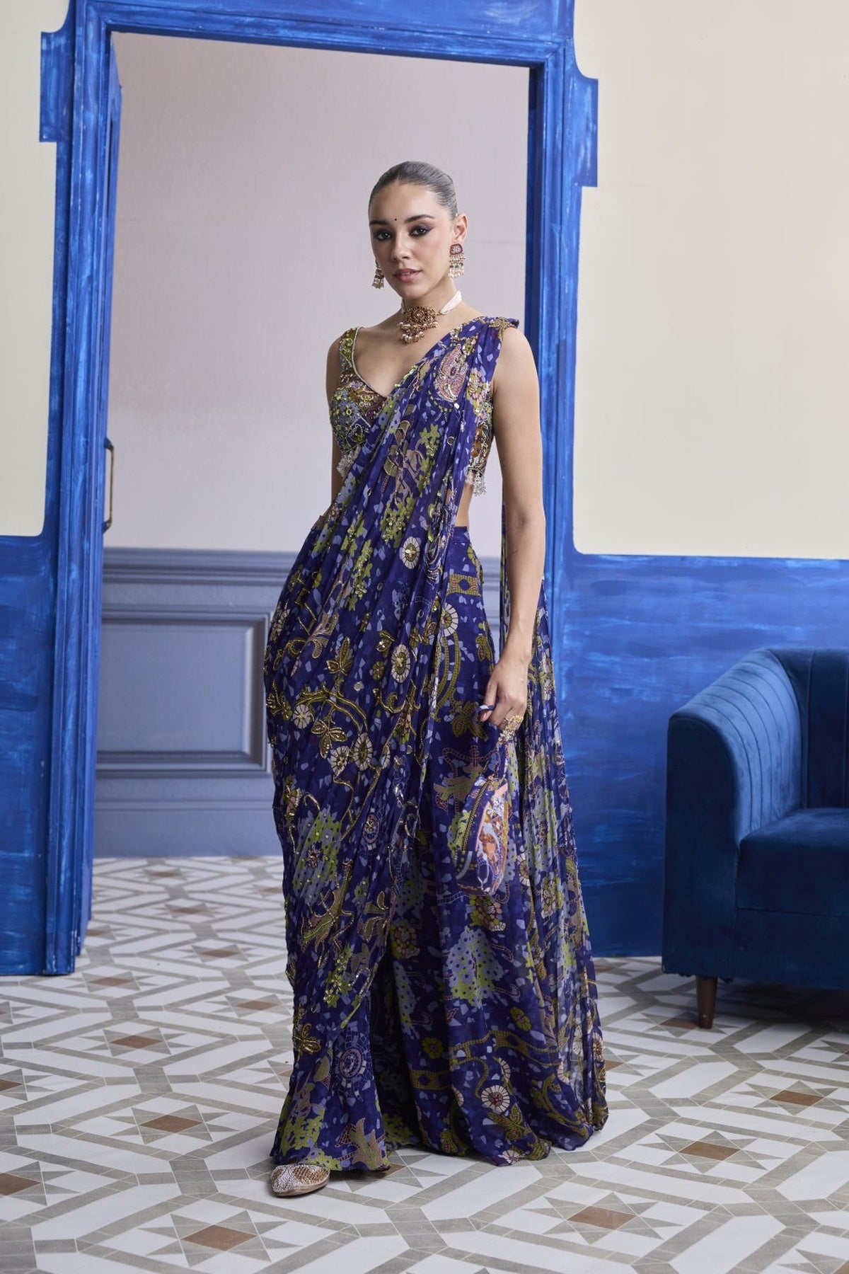 Violet Mosaic Blouse With Drape Sharara Saree Set