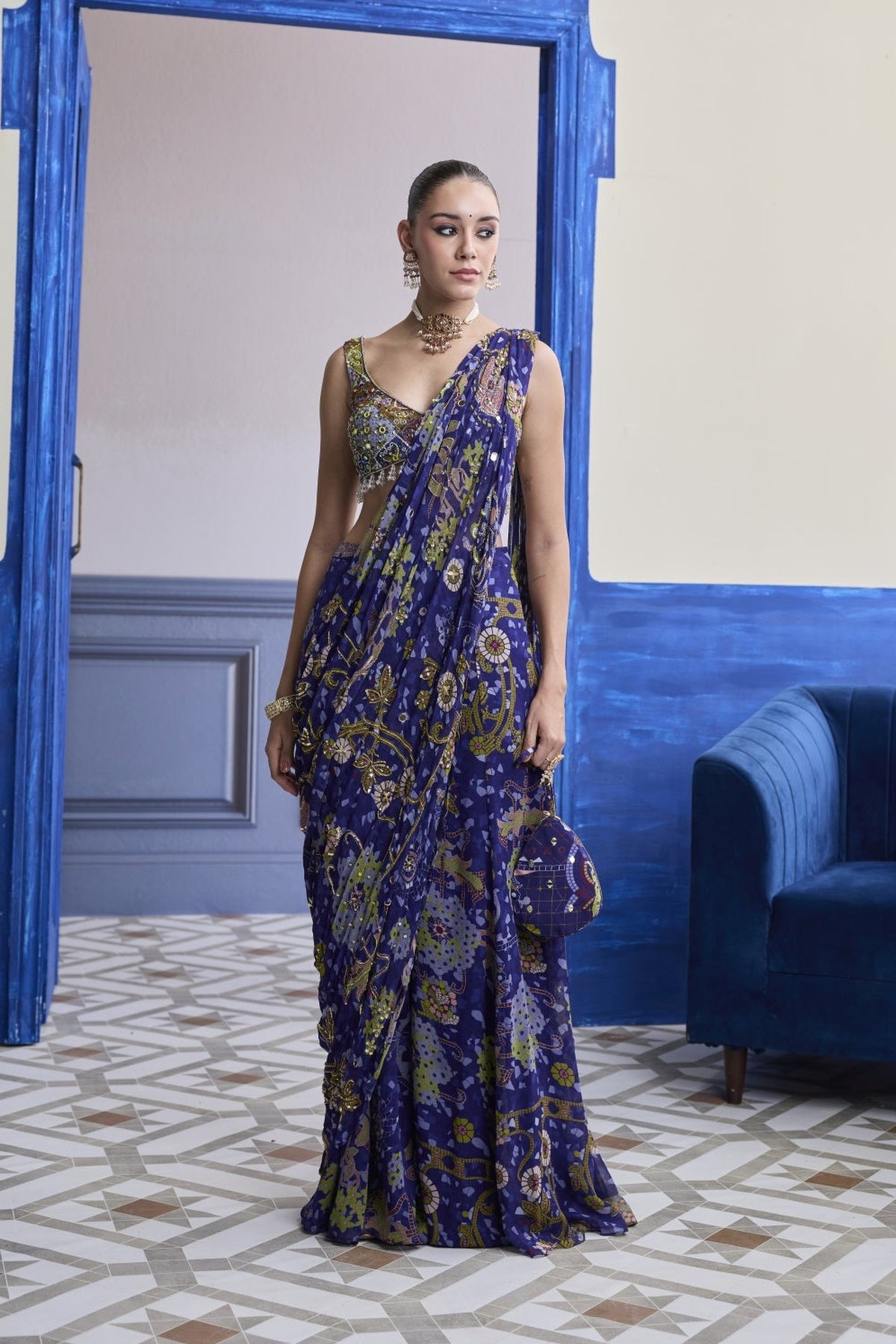 Violet Mosaic Blouse With Drape Sharara Saree Set