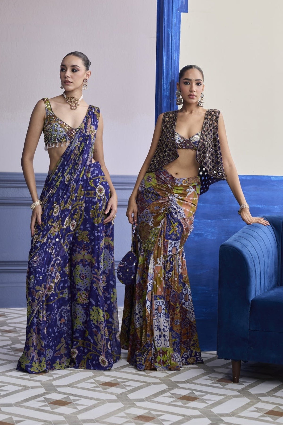 Violet Mosaic Blouse With Drape Sharara Saree Set