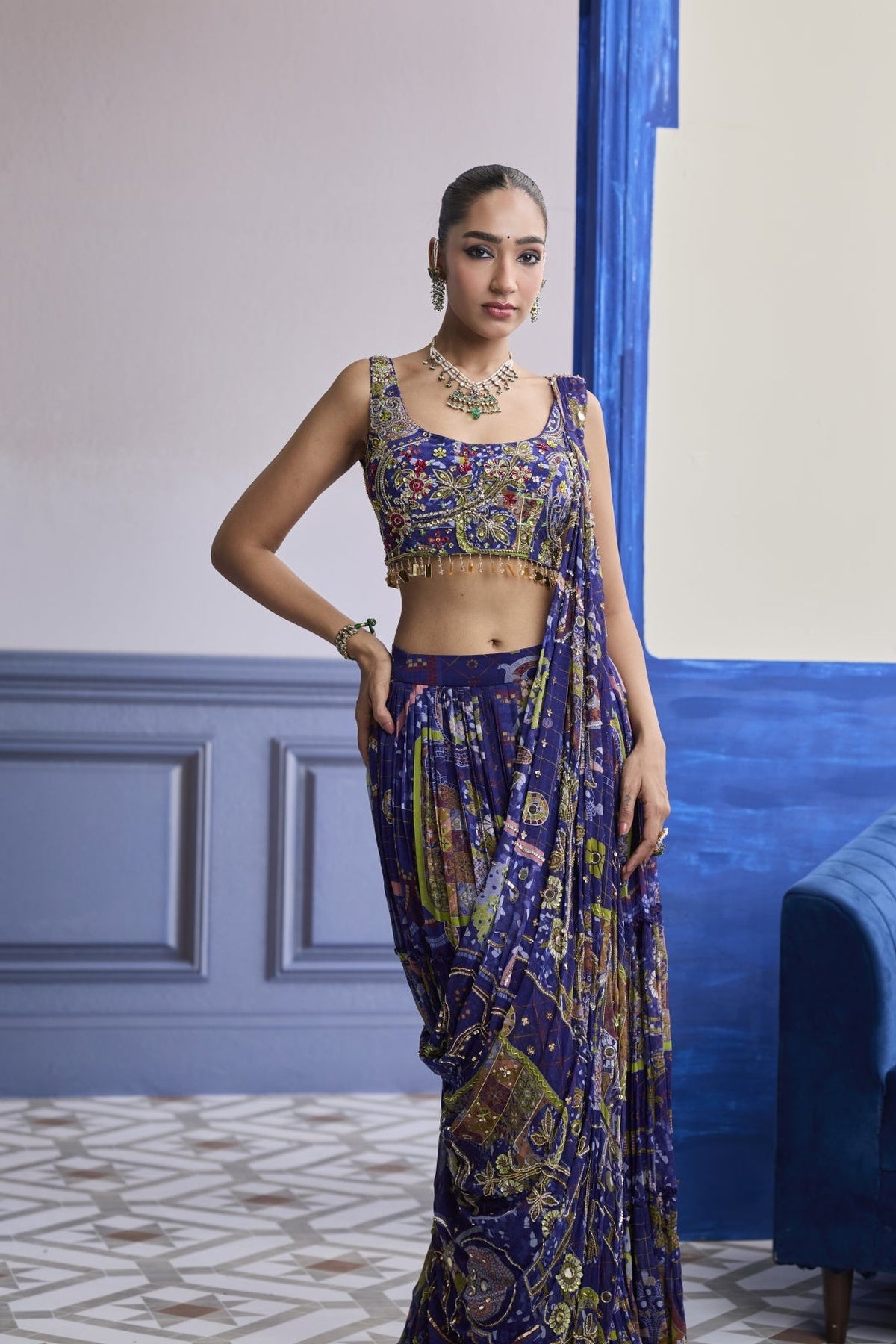 Violet Mosaic Blouse With Drape Tiered Skirt Saree Set