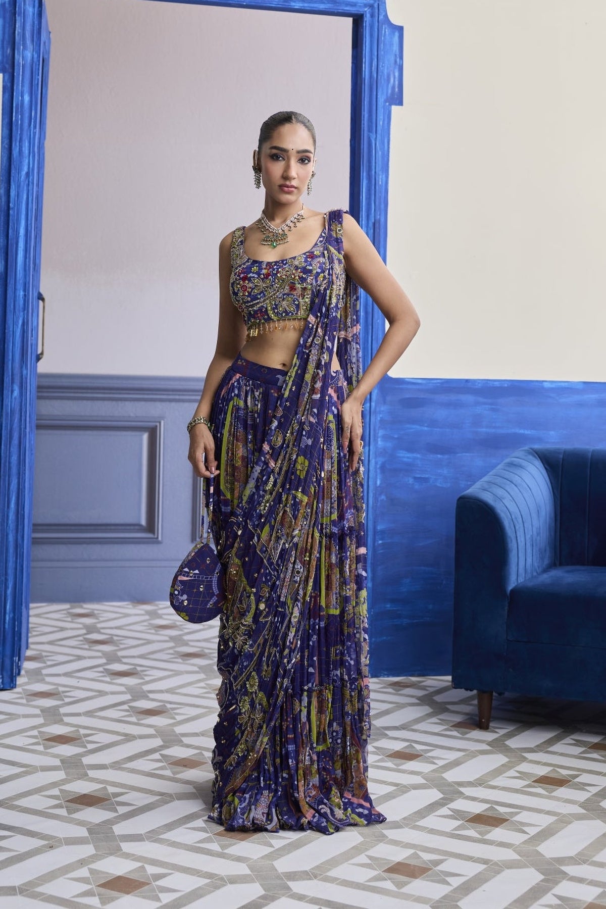 Violet Mosaic Blouse With Drape Tiered Skirt Saree Set