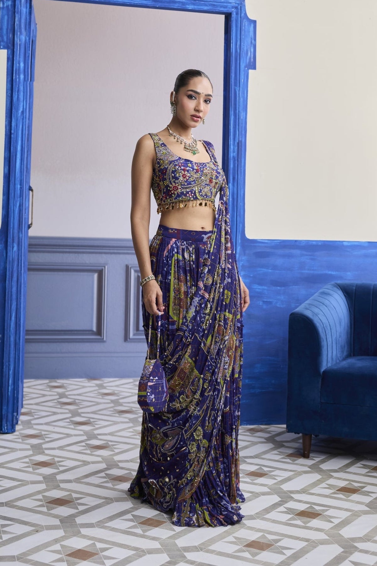 Violet Mosaic Blouse With Drape Tiered Skirt Saree Set