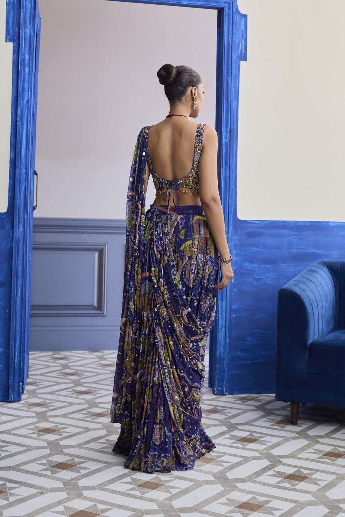 Violet Mosaic Blouse With Drape Tiered Skirt Saree Set