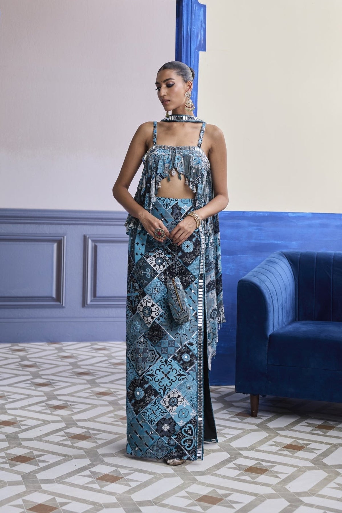 Teal & Black Mosaic Peplum With Slit Skirt & Choker Dupatta Set