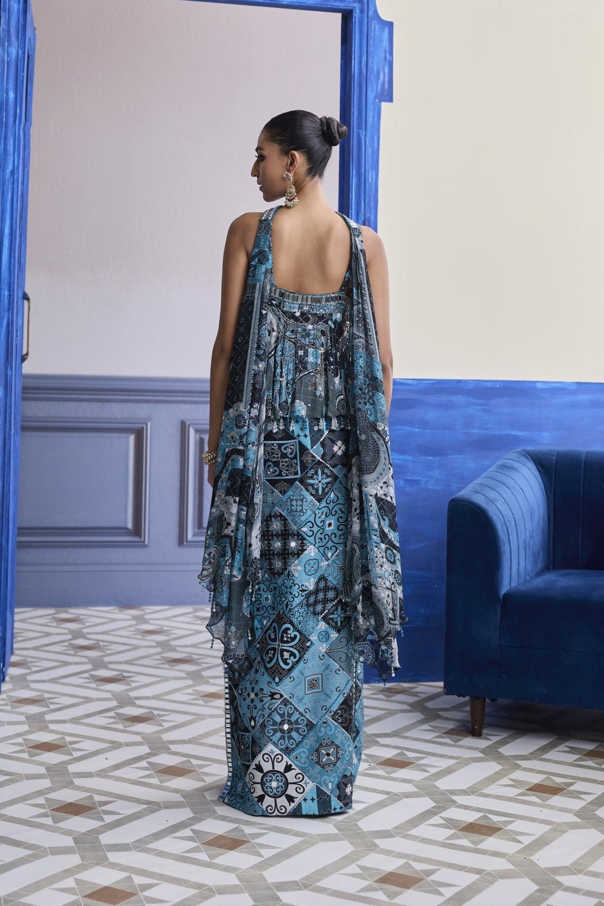Teal & Black Mosaic Peplum With Slit Skirt & Choker Dupatta Set