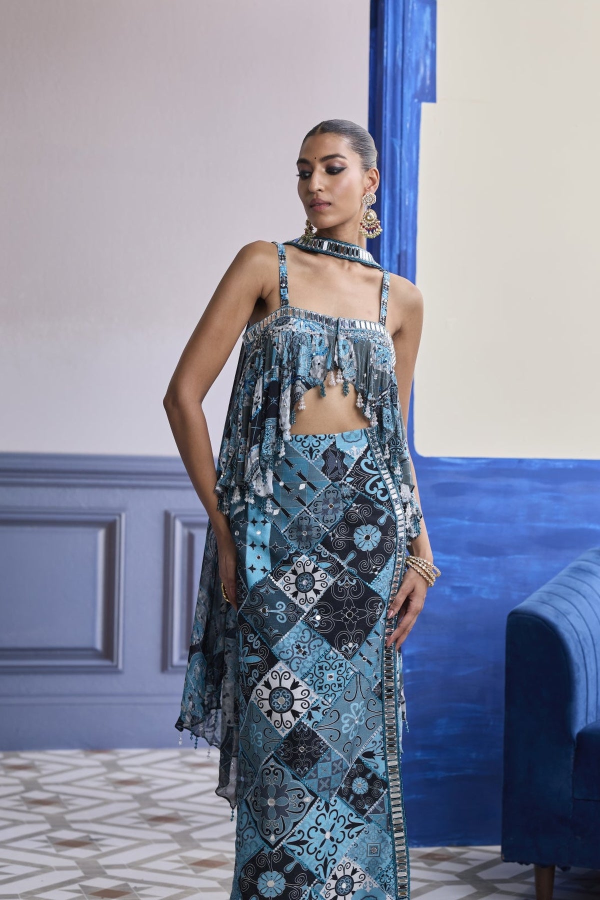 Teal & Black Mosaic Peplum With Slit Skirt & Choker Dupatta Set