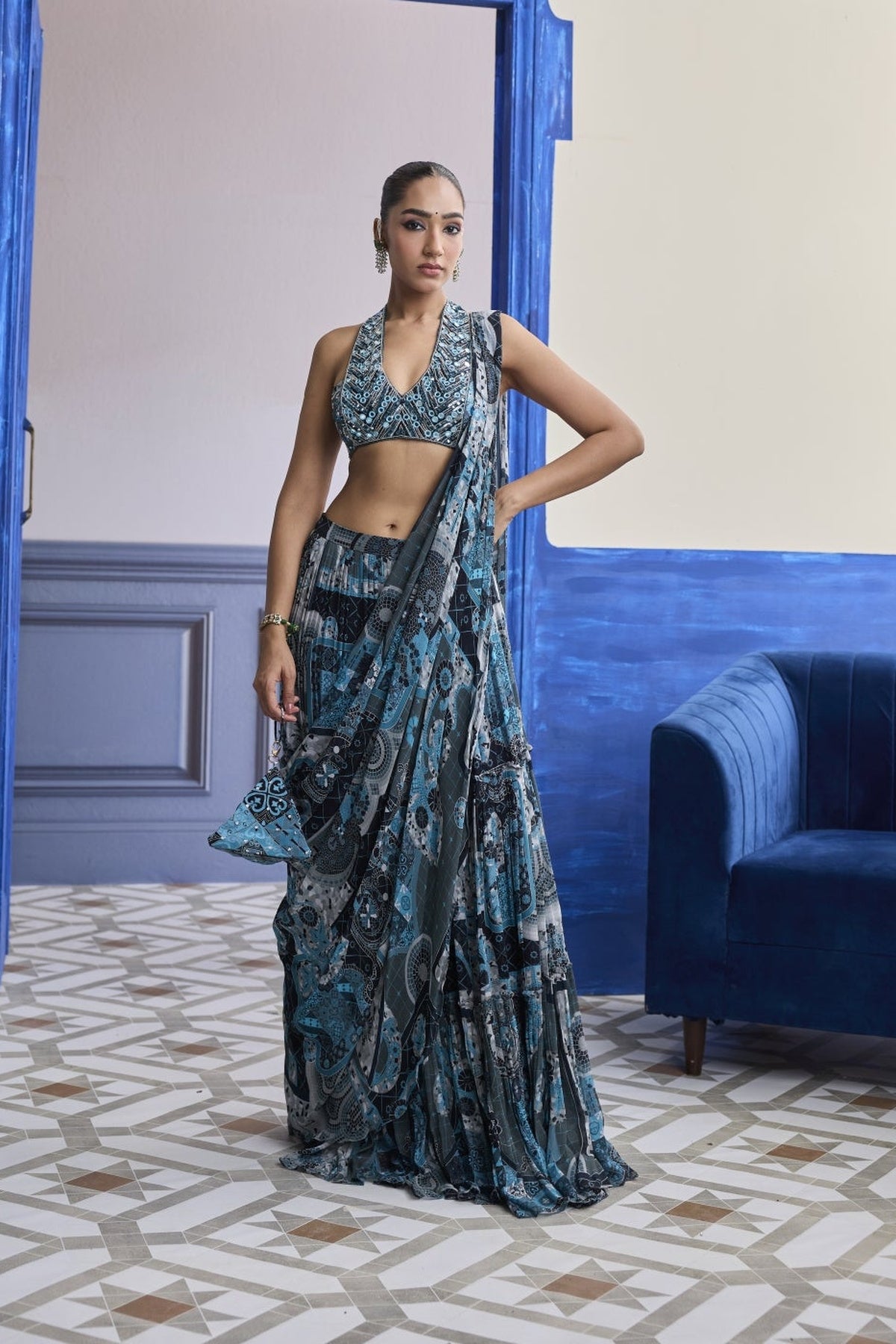 Teal Mosaic Halter Blouse With Tiered Skirt Saree Set