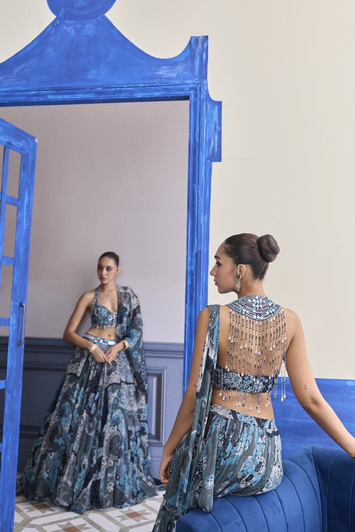 Teal Mosaic Halter Blouse With Tiered Skirt Saree Set
