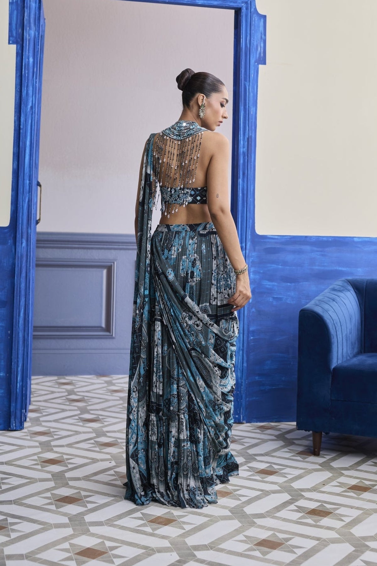 Teal Mosaic Halter Blouse With Tiered Skirt Saree Set