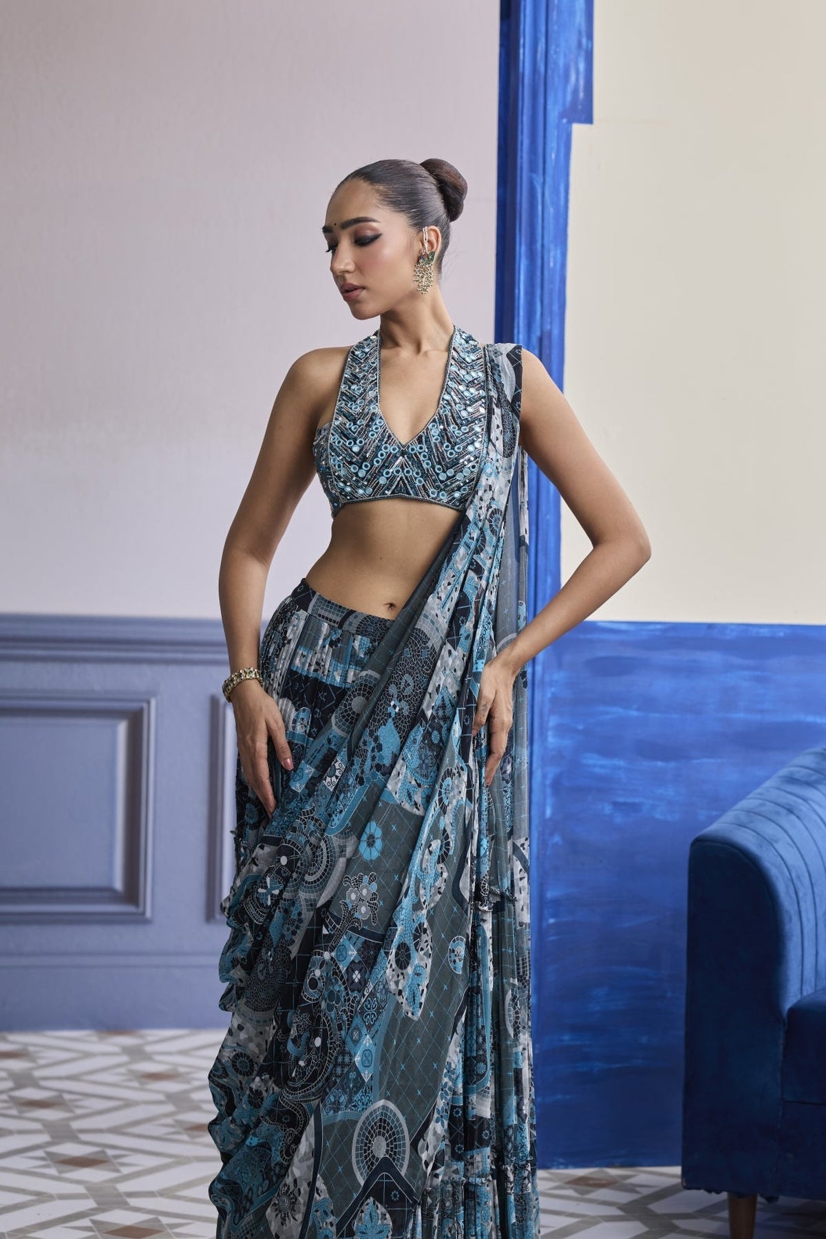 Teal Mosaic Halter Blouse With Tiered Skirt Saree Set