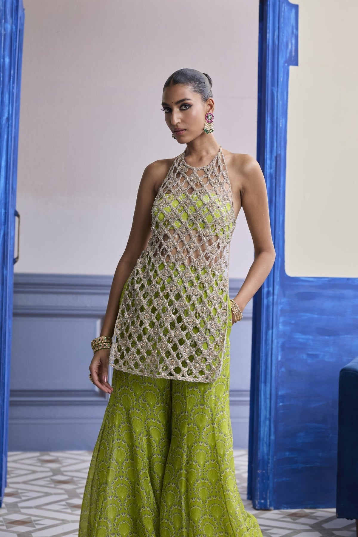 Neon Green Printed Bustier With Bell-Bottoms & Embroidered Cutwork Kurti Set