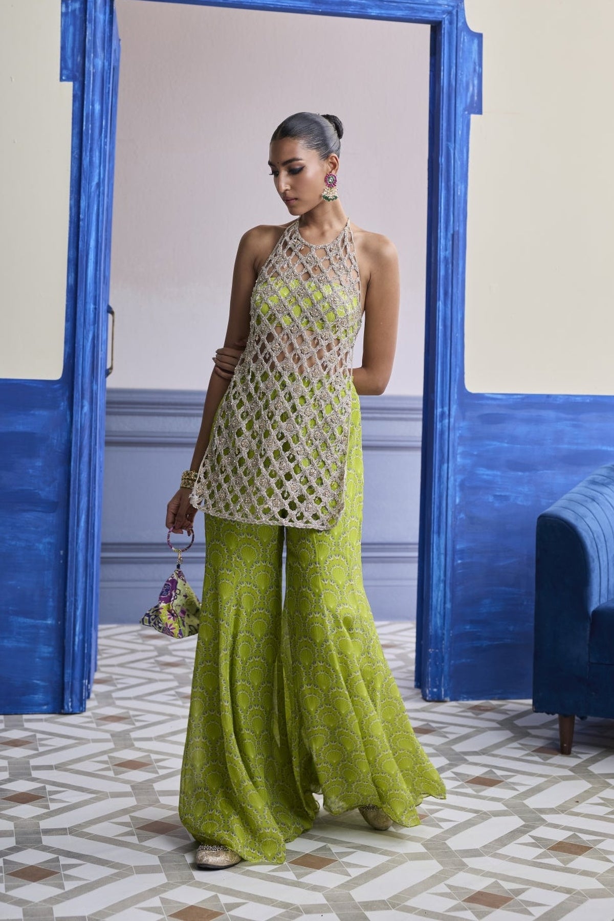 Neon Green Printed Bustier With Bell-Bottoms & Embroidered Cutwork Kurti Set