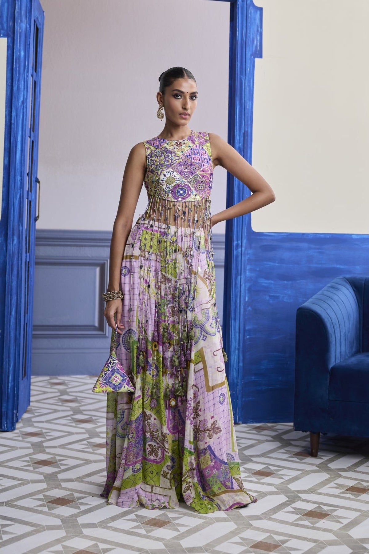 Bubblegum Mosaic Yoke Blouse With Long Tassels & Printed Sharara Set
