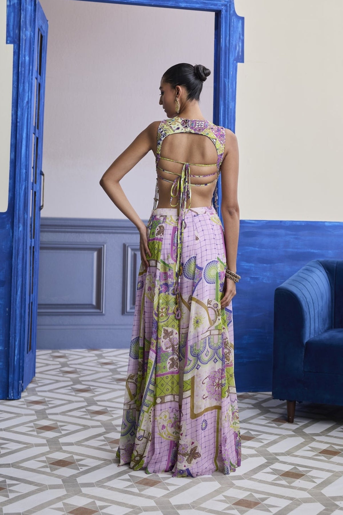 Bubblegum Mosaic Yoke Blouse With Long Tassels & Printed Sharara Set