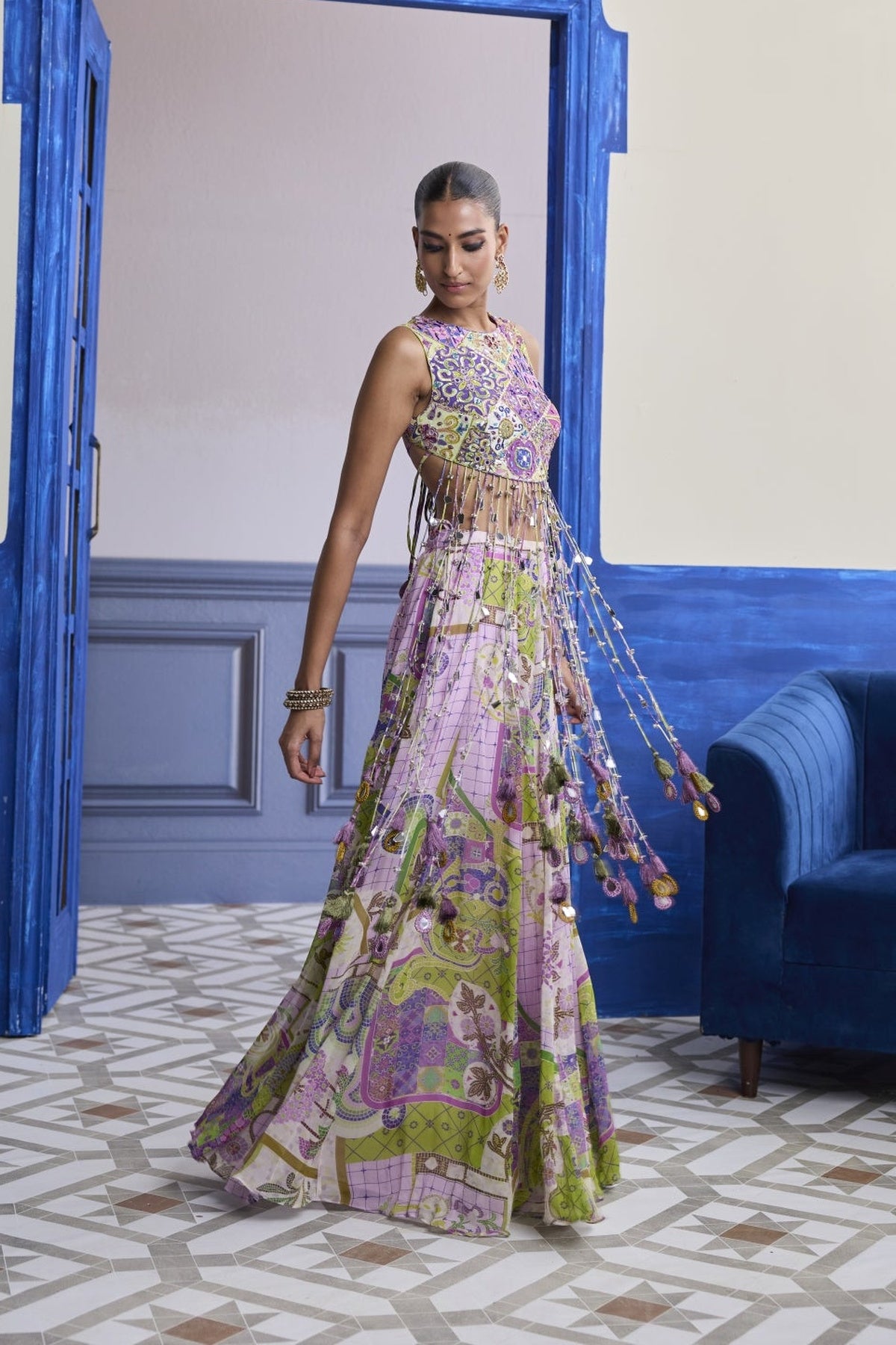 Bubblegum Mosaic Yoke Blouse With Long Tassels & Printed Sharara Set