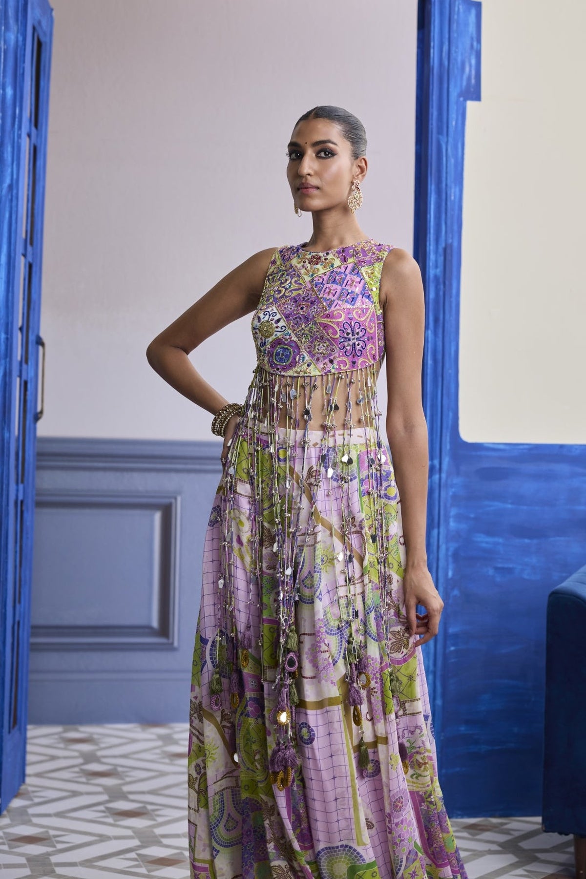 Bubblegum Mosaic Yoke Blouse With Long Tassels & Printed Sharara Set