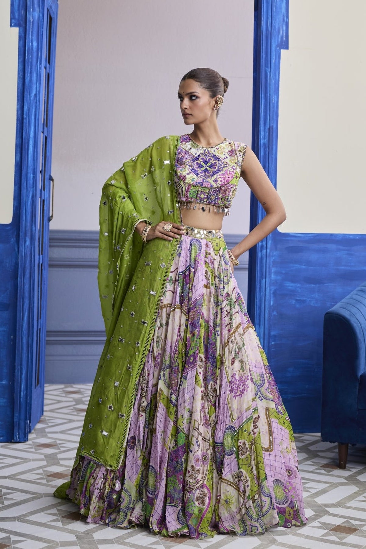 Bubblegum Mosaic Yoke Blouse With Lehenga & Embroidered Dupatta Set