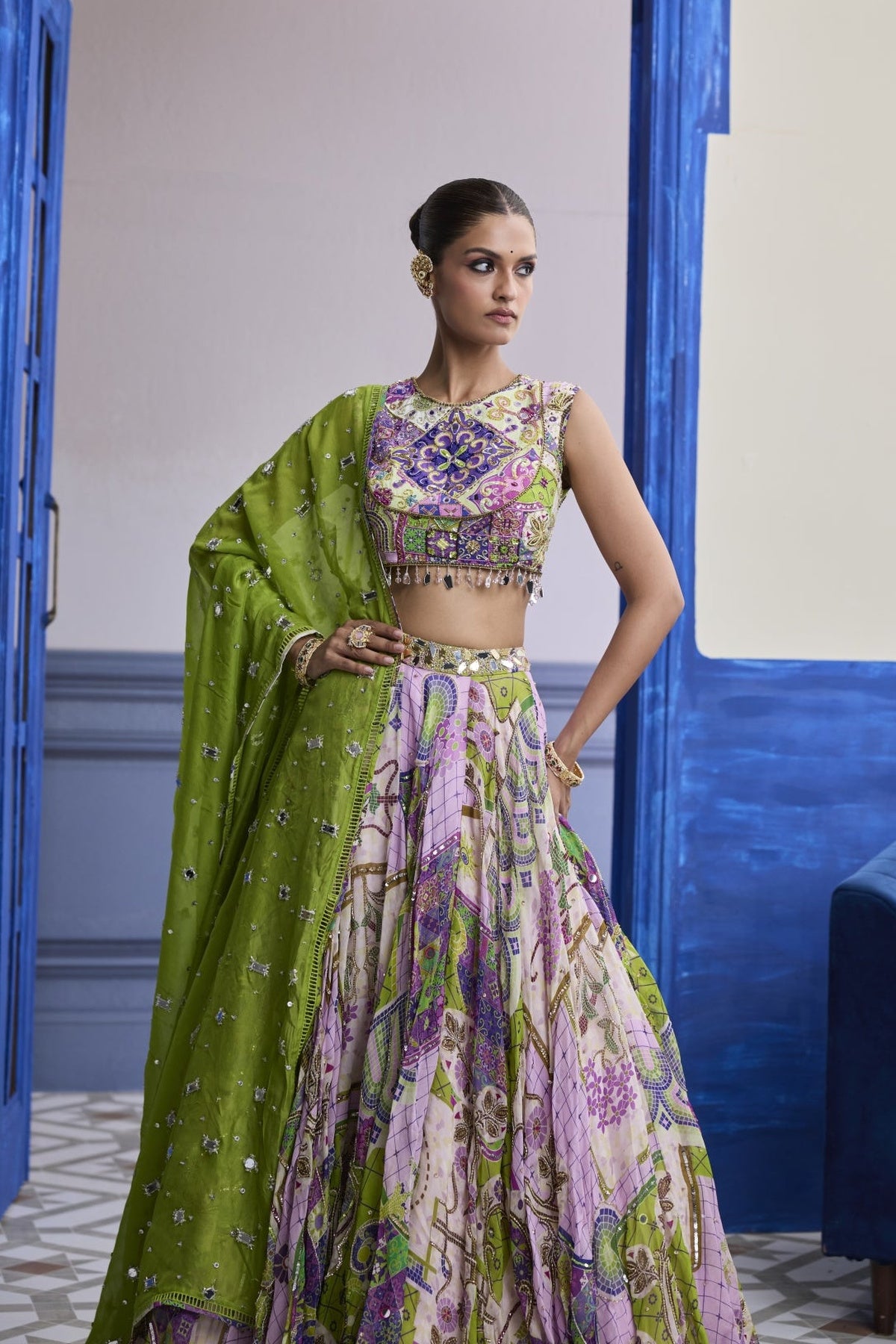 Bubblegum Mosaic Yoke Blouse With Lehenga & Embroidered Dupatta Set