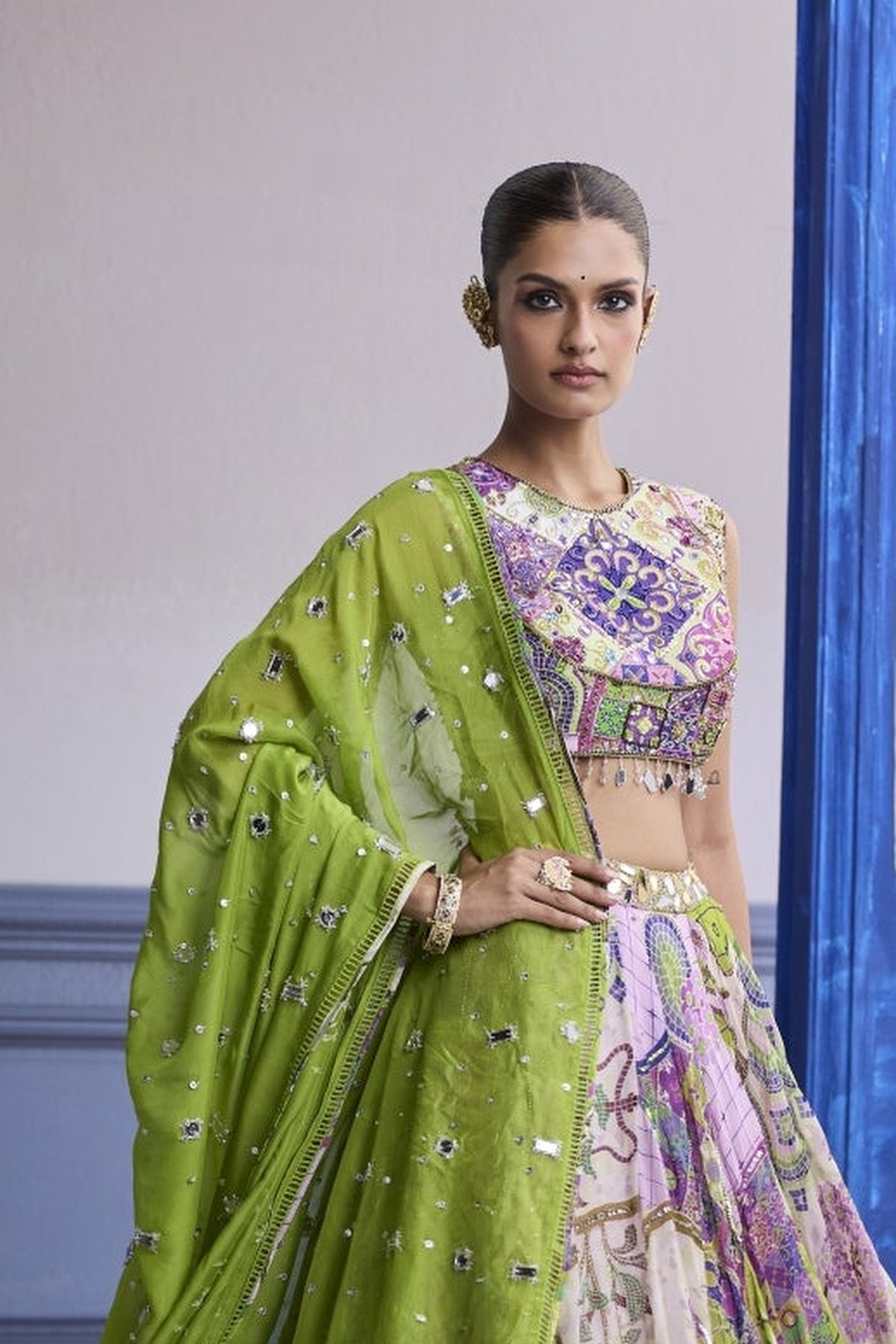 Bubblegum Mosaic Yoke Blouse With Lehenga & Embroidered Dupatta Set