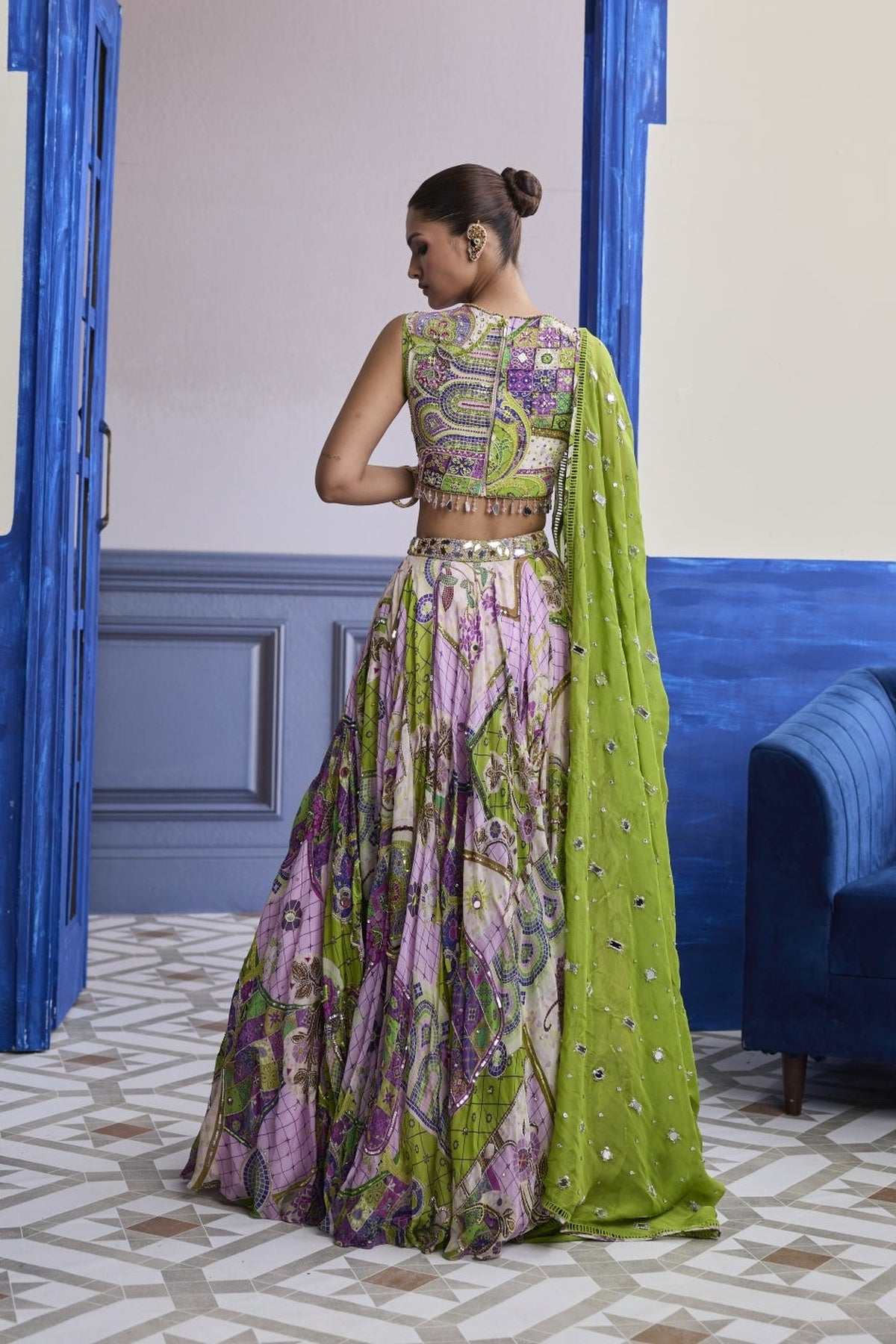 Bubblegum Mosaic Yoke Blouse With Lehenga & Embroidered Dupatta Set