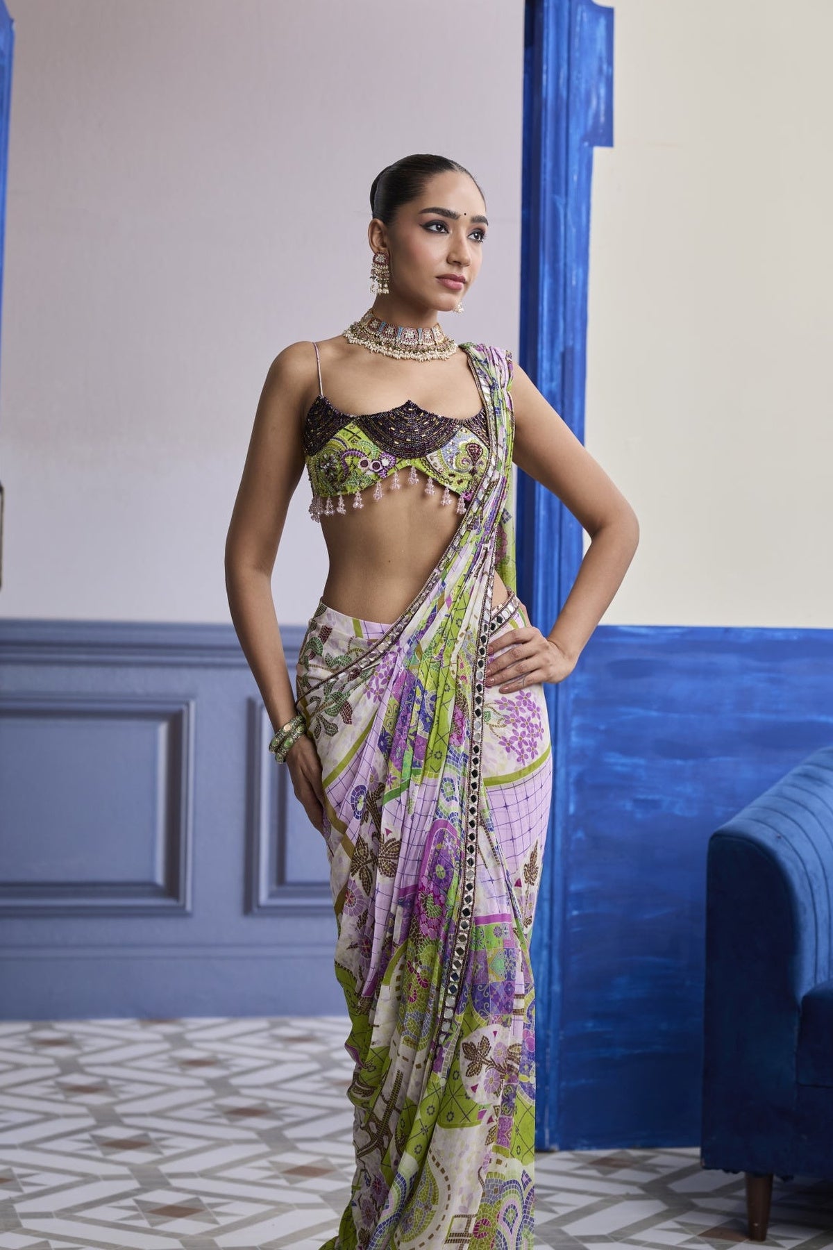 Bubblegum Mosaic Scallop Blouse With Embroidery & Draped Saree Skirt Set