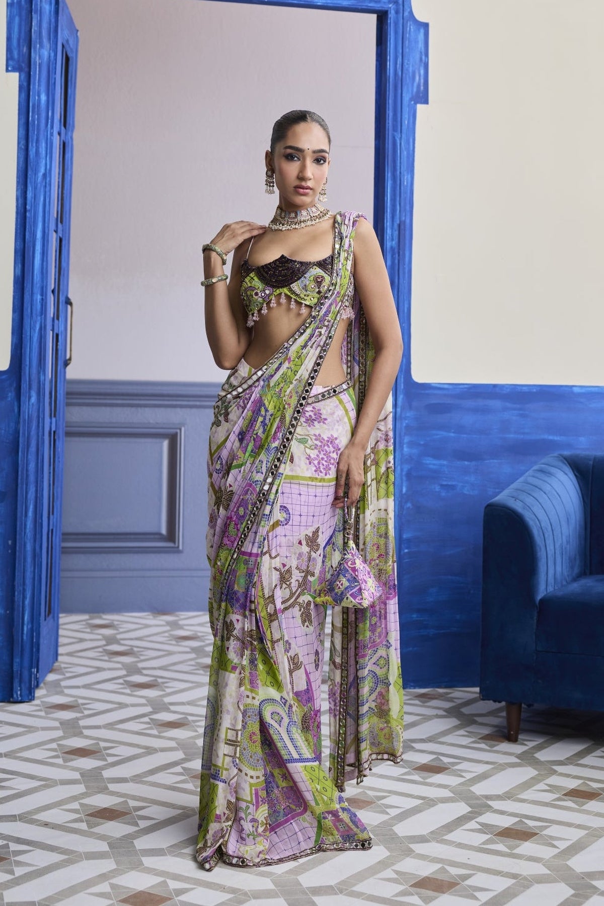 Bubblegum Mosaic Scallop Blouse With Embroidery & Draped Saree Skirt Set